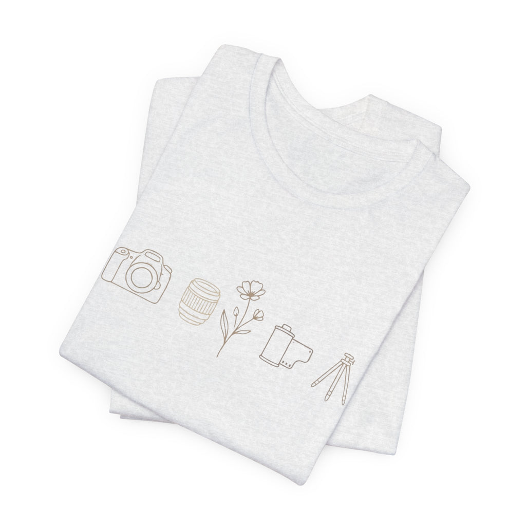 Photography Icons Tee — Minimal Camera, Film, Flower & Tripod Graphic Shirt