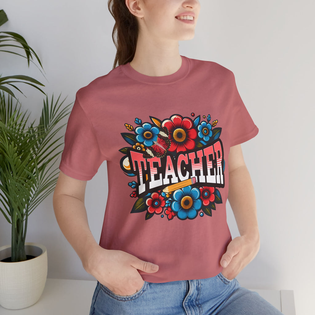 Teacher Floral Tee — Retro Colorful 'Teacher' Shirt