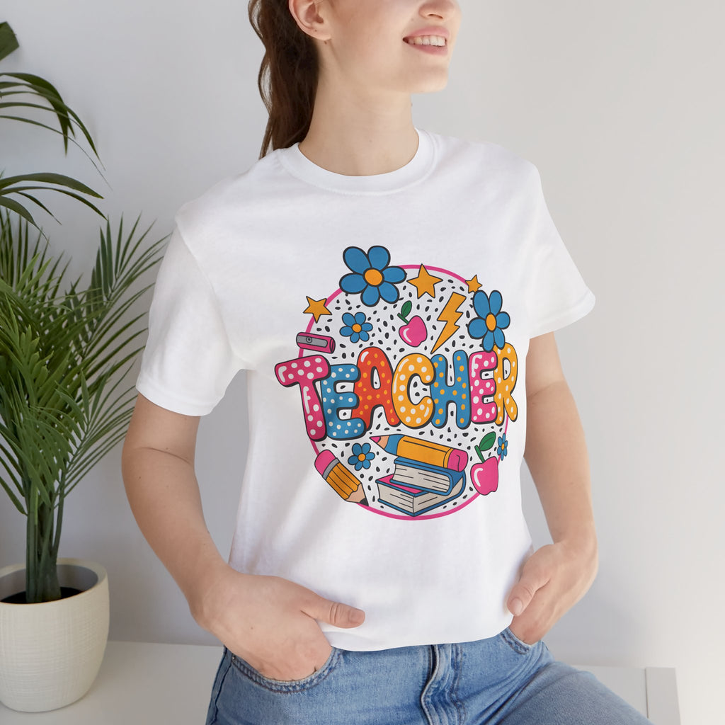 Teacher Doodle Graphic Tee — Colorful School Supplies Design