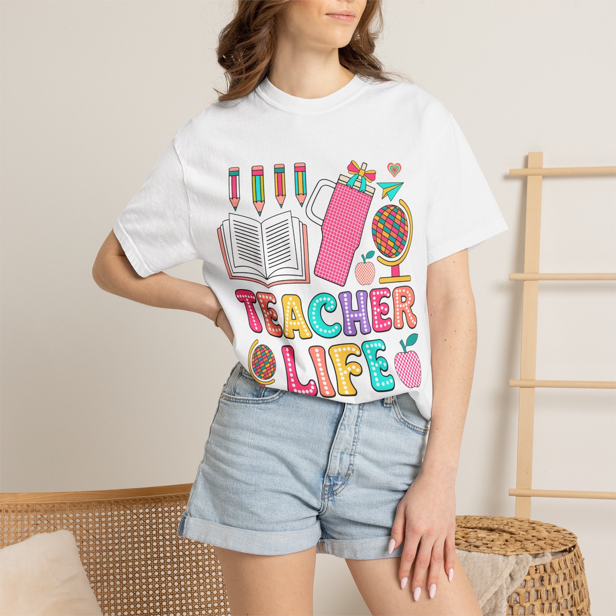 Teacher Life T-Shirt — Colorful School Supplies Graphic Tee