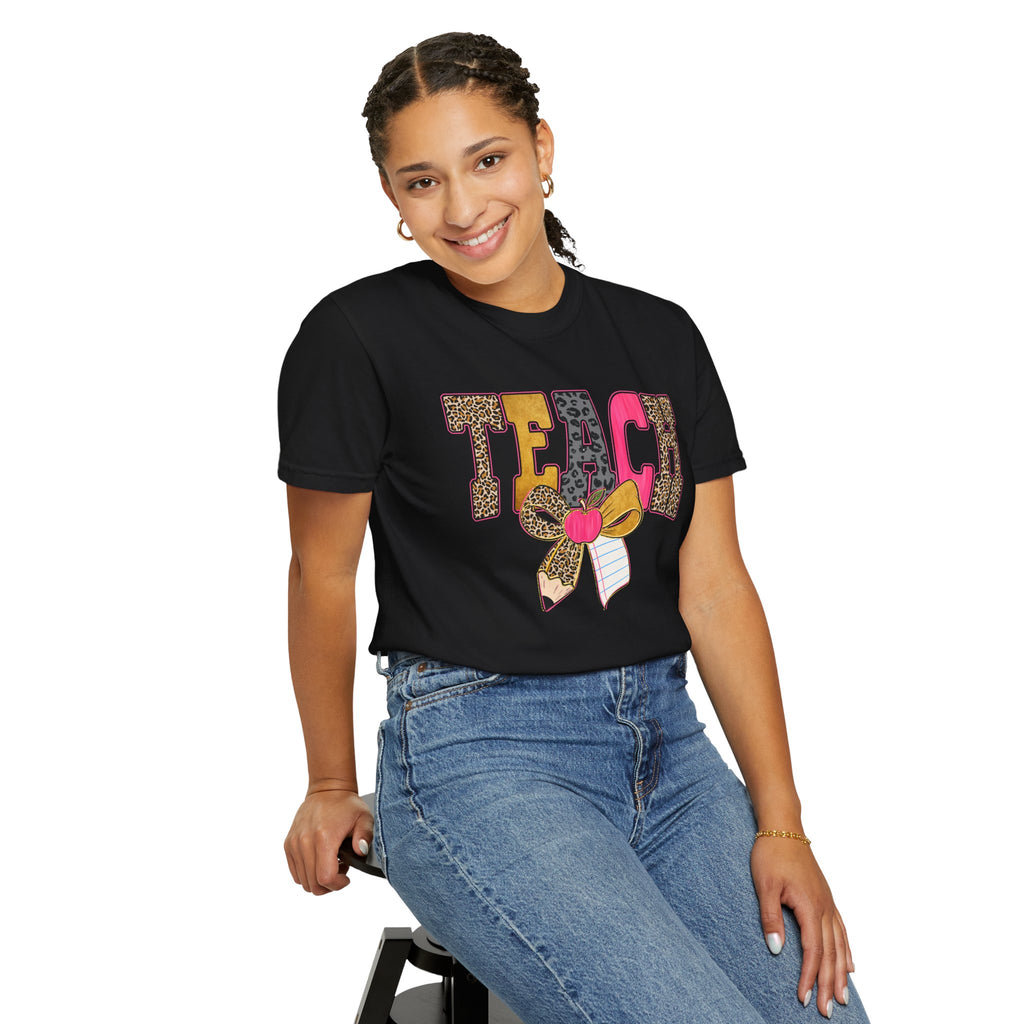 Teacher Graphic Tee — 'TEACH' Leopard Print Pencil Bow Design