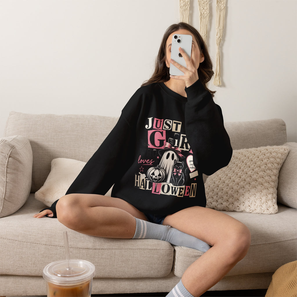 Halloween Sweatshirt — "Just a Girl Who Loves Halloween" Cute Ghost & Pumpkin Crewneck