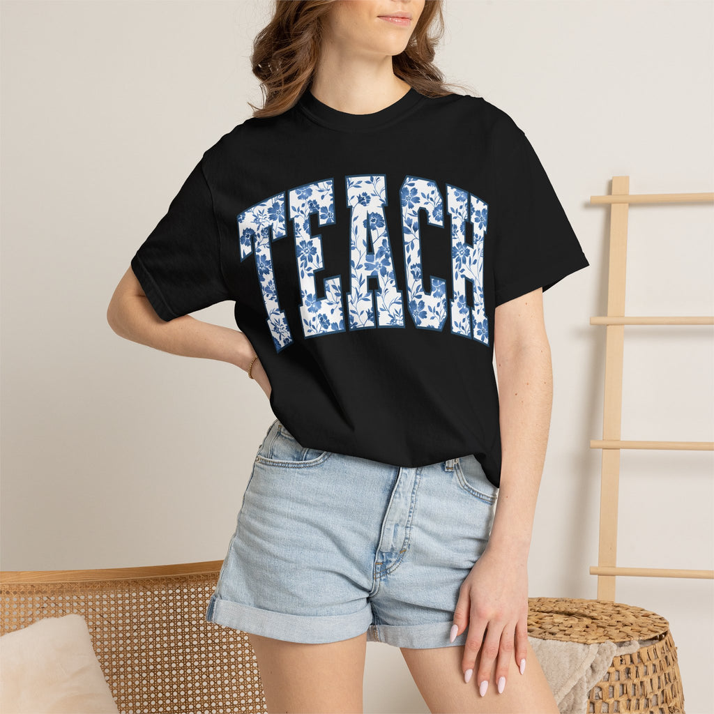 Teacher Floral Arch T-Shirt — 'TEACH' Blue Floral Print Tee