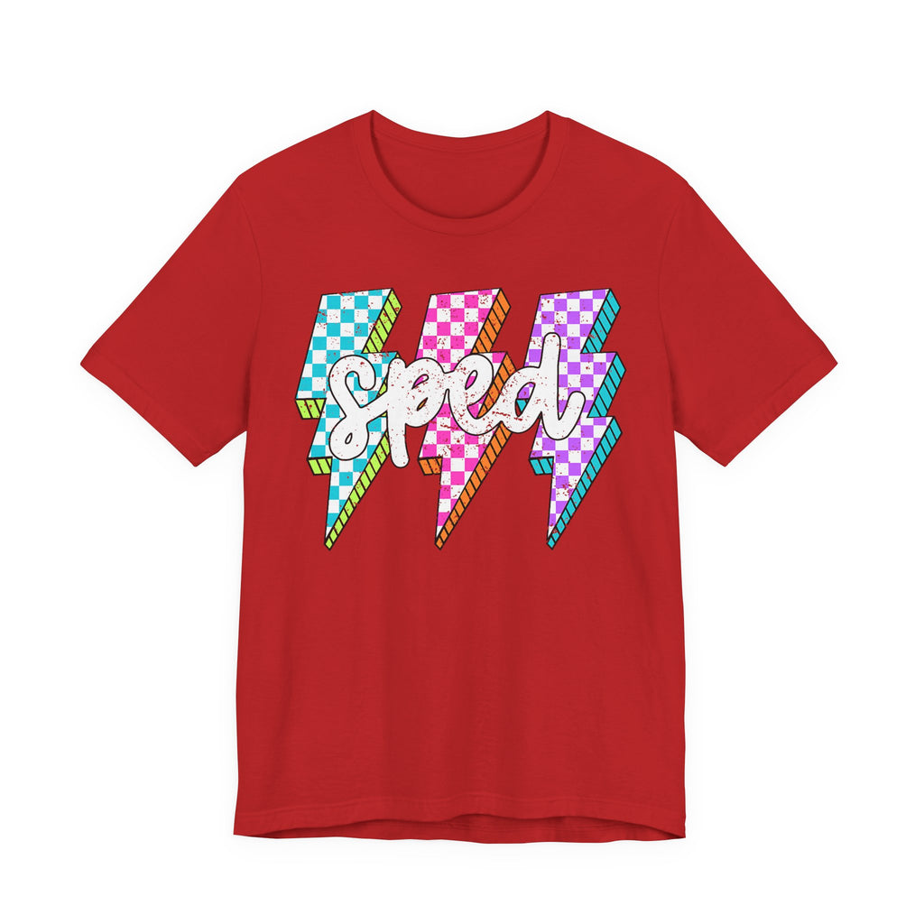 Speed Lightning Tee — Retro Checkerboard Bolt Graphic T-Shirt