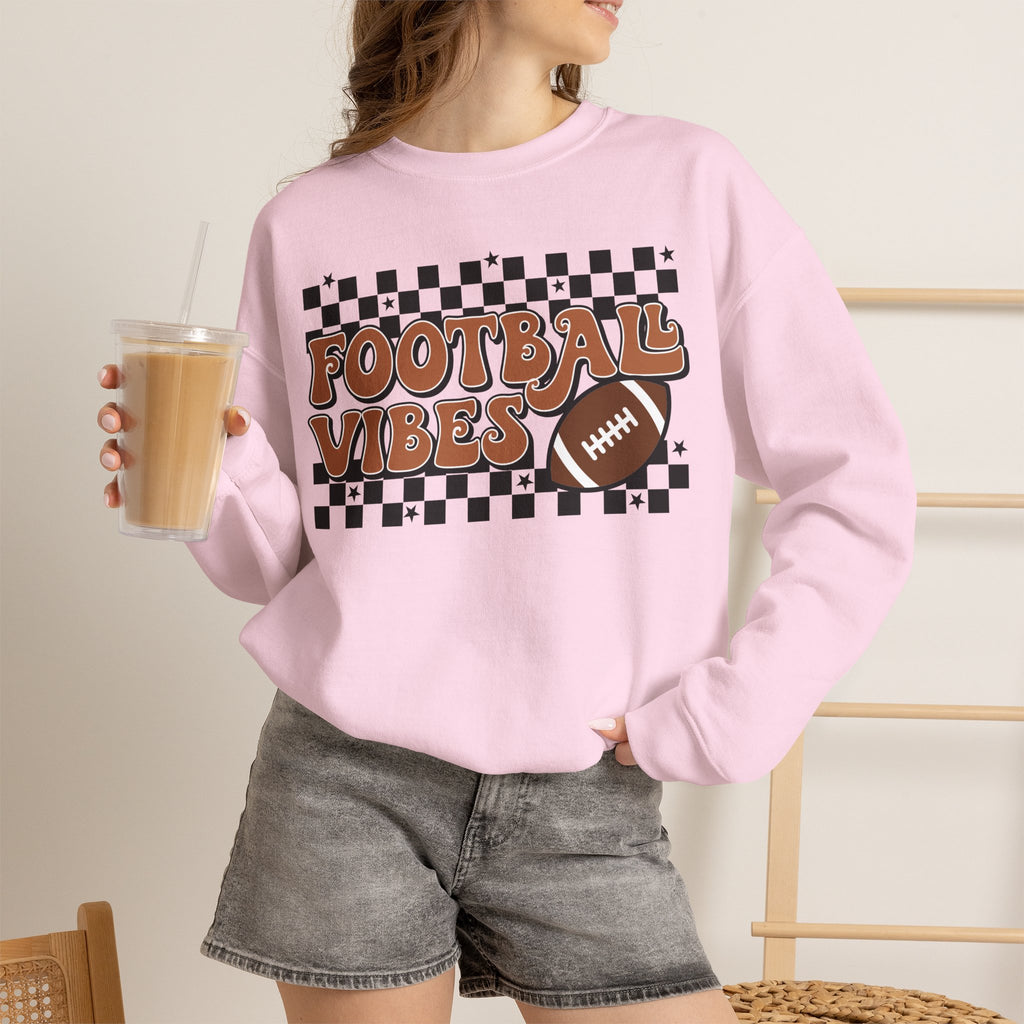 Football Vibes Crewneck Sweatshirt — Retro Checkerboard Football Graphic