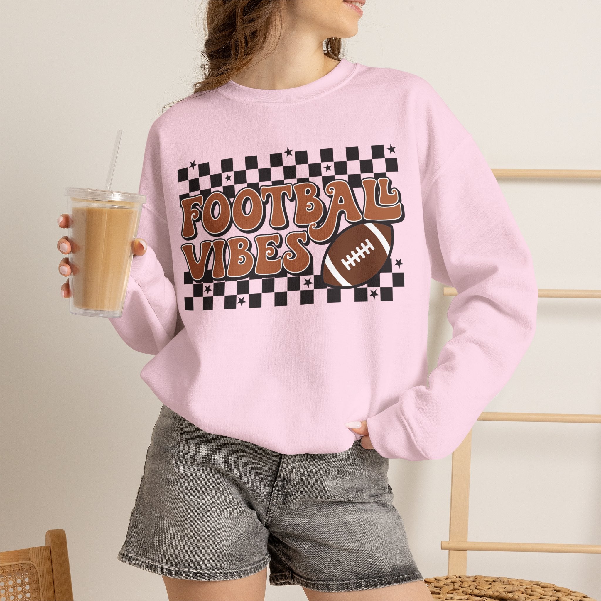 Football Vibes Crewneck Sweatshirt — Retro Checkerboard Football Graphic