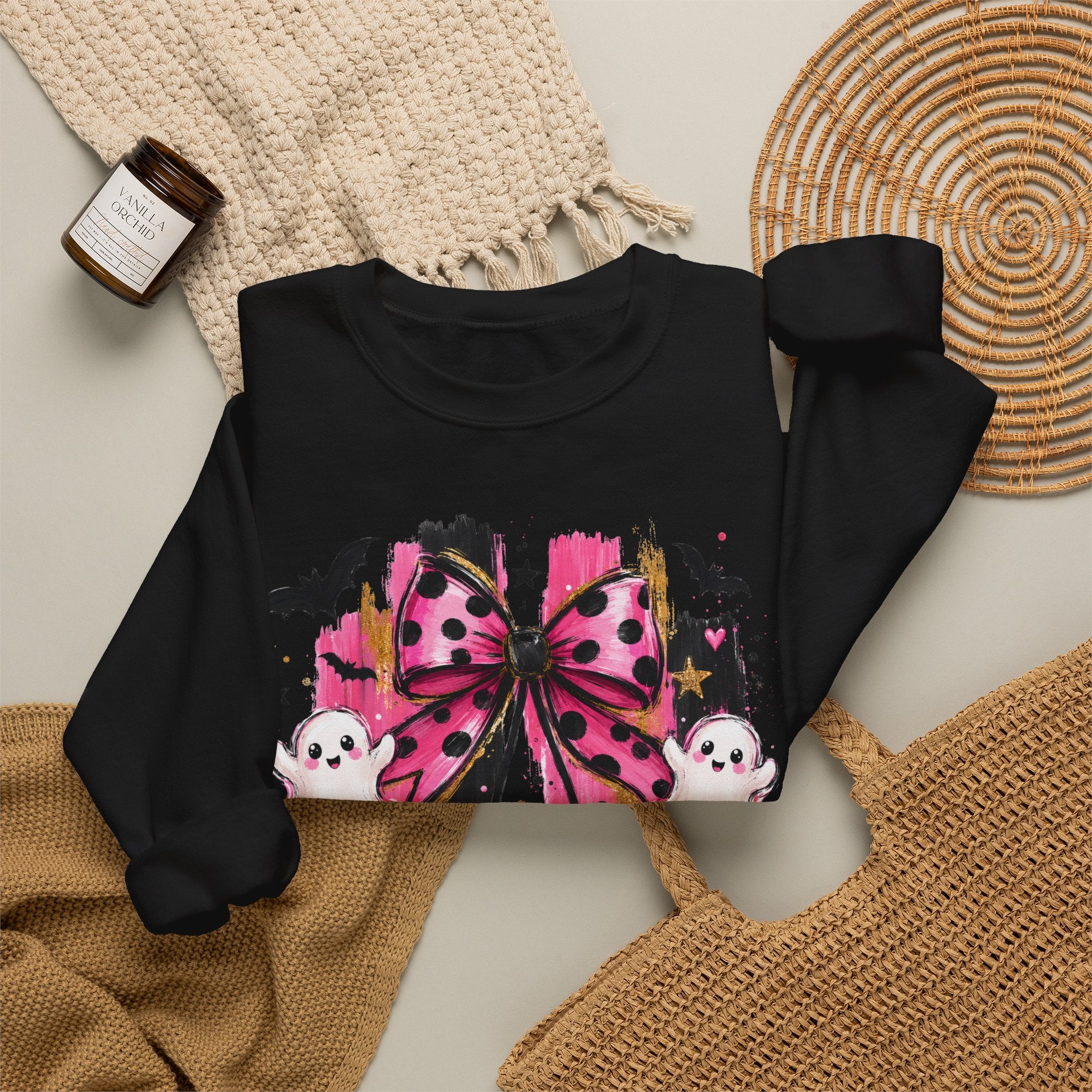 Halloween Pink Pumpkins Crewneck Sweatshirt — Cute Ghosts & Polka Dot Bow Design