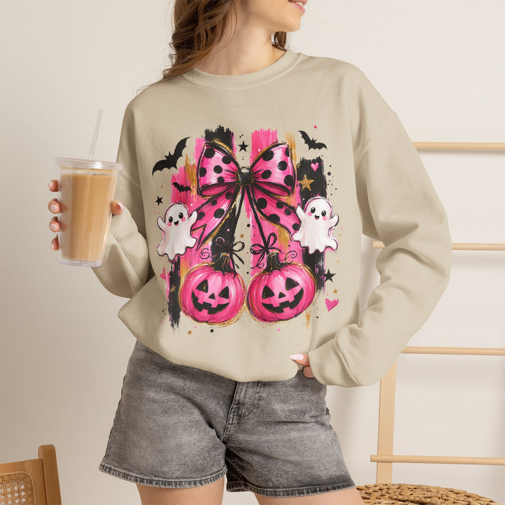 Halloween Pink Pumpkins Crewneck Sweatshirt — Cute Ghosts & Polka Dot Bow Design