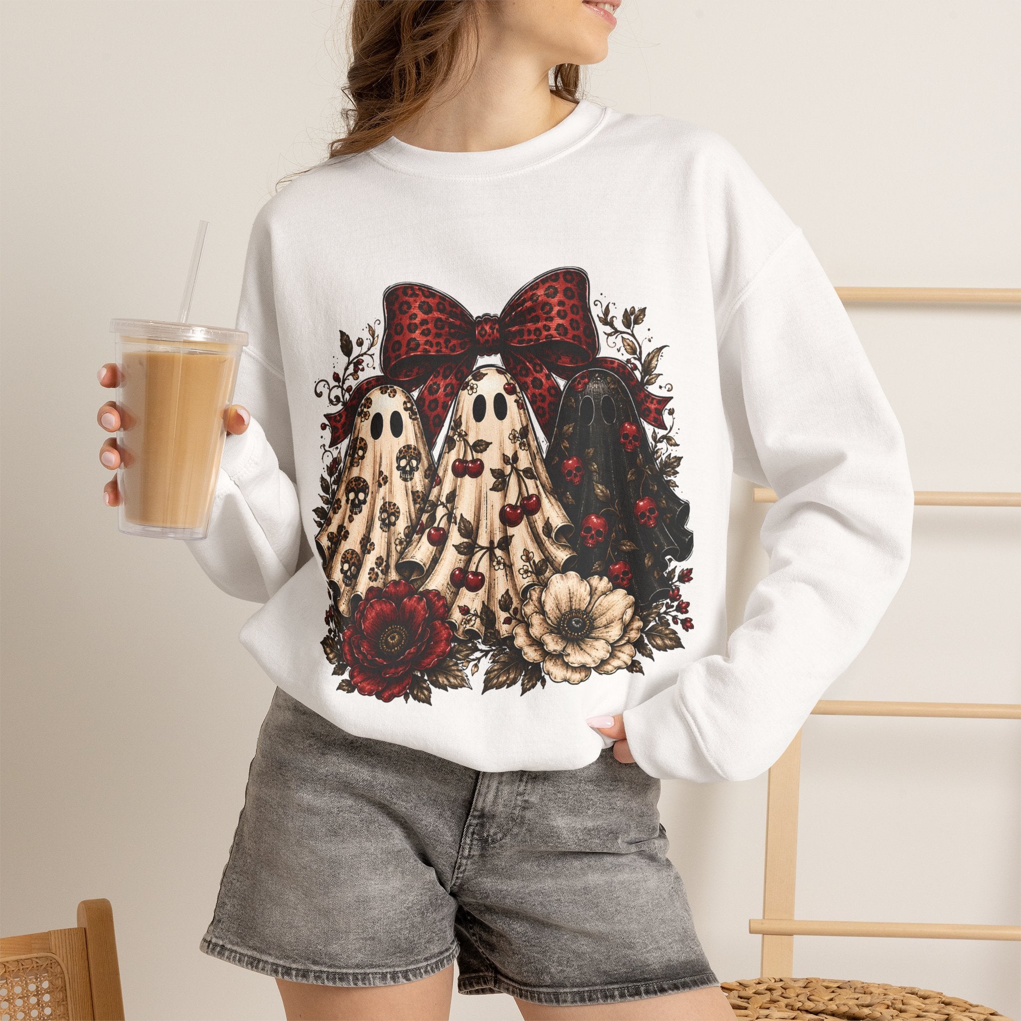 Ghost Trio Floral Crewneck Sweatshirt – Leopard Bow Halloween Pullover