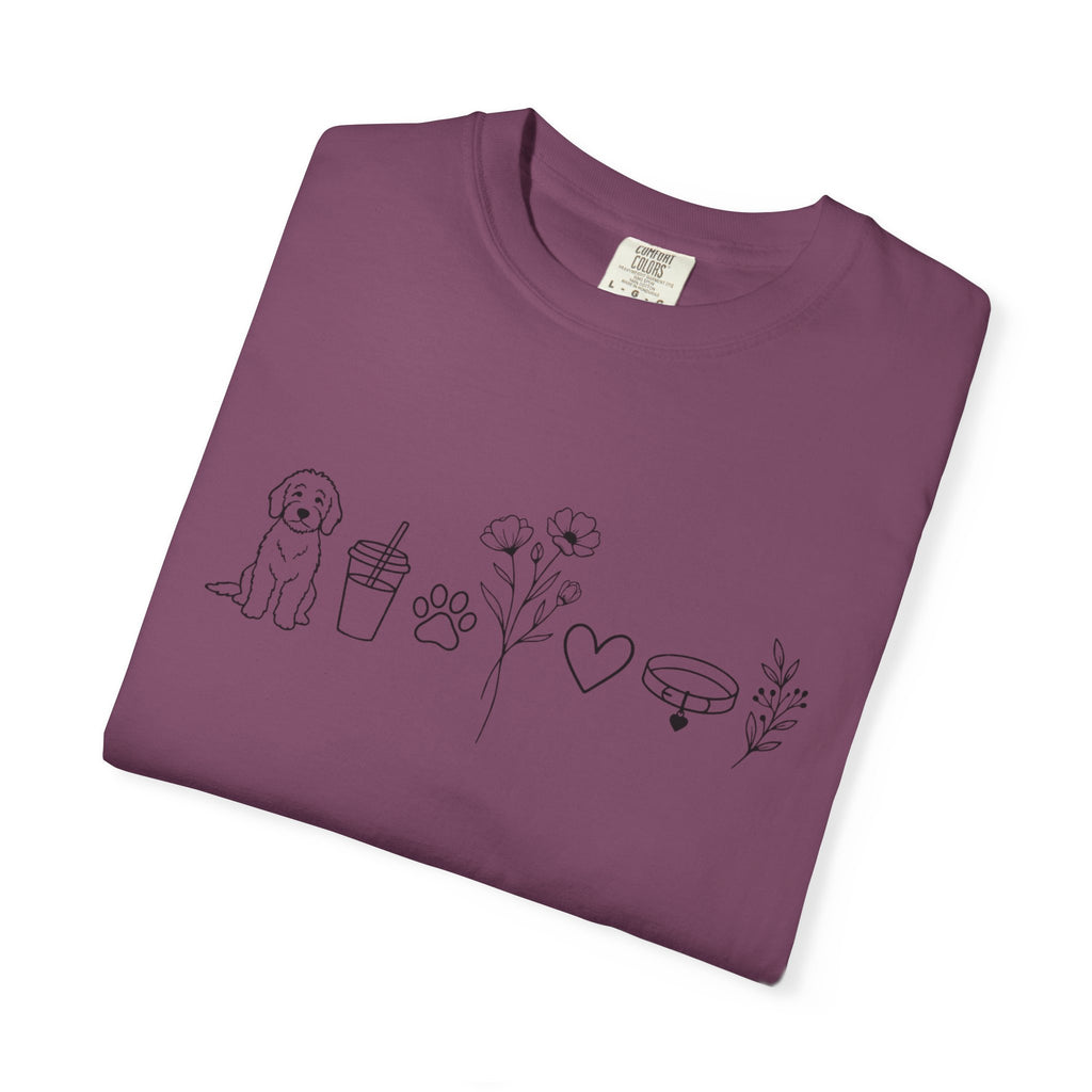 Minimal Doodle and Floral Icons T-Shirt — Coffee, Plants & Dog Line Art Tee