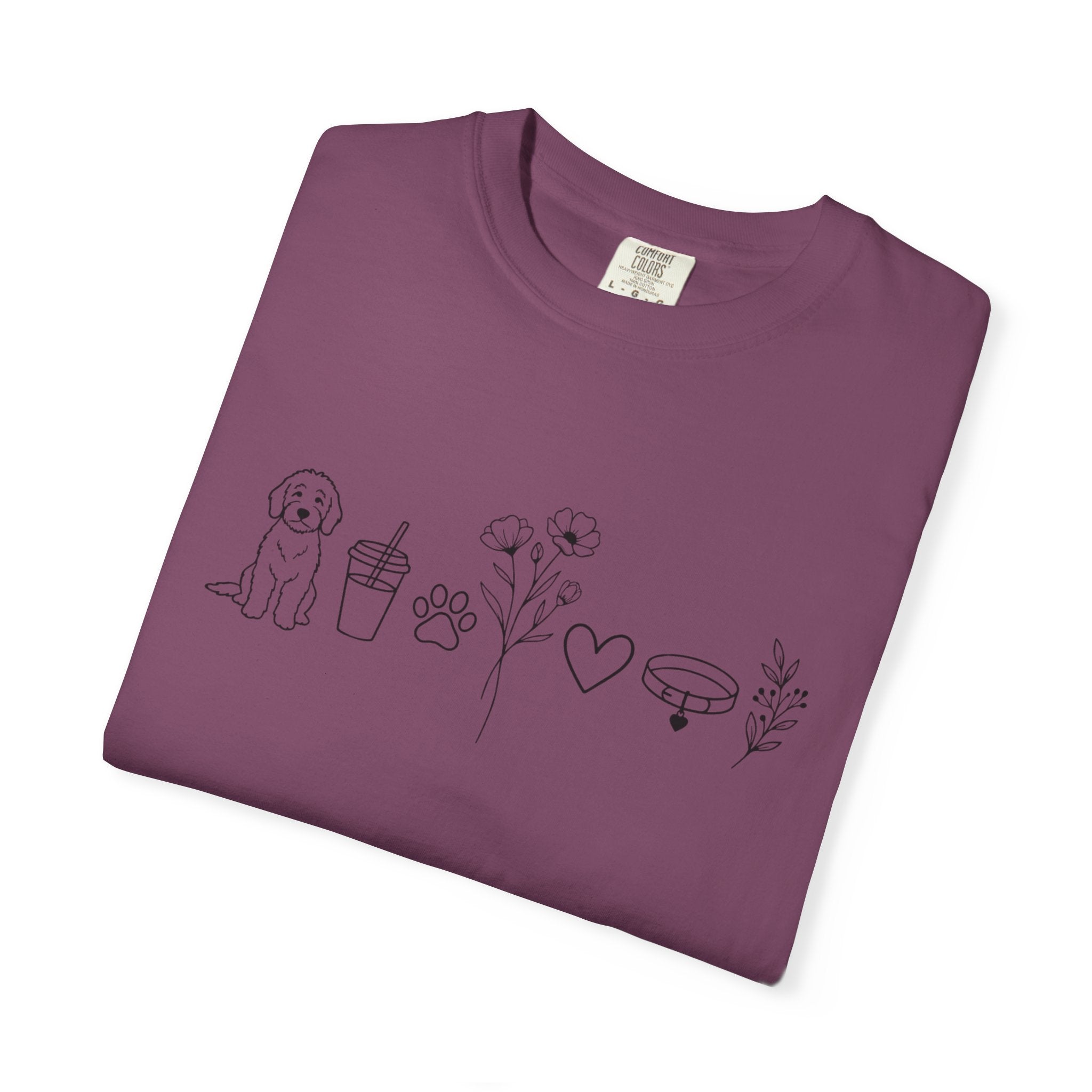Minimal Doodle and Floral Icons T-Shirt — Coffee, Plants & Dog Line Art Tee