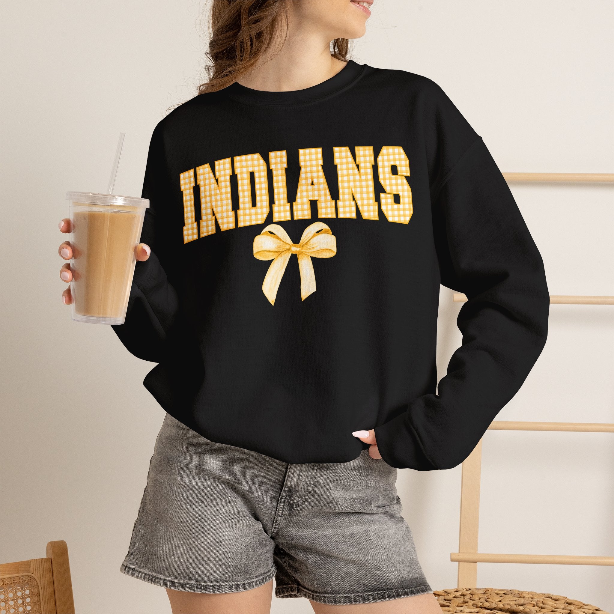 Indians Yellow Gingham Bow Crewneck Sweatshirt