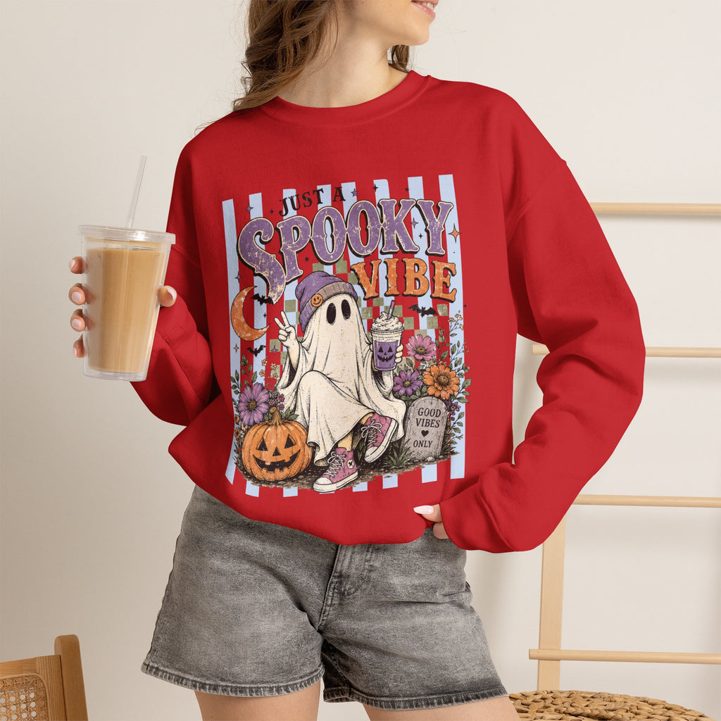 Spooky Vibe Crewneck Sweatshirt — Cute Halloween Ghost Pumpkin Graphic