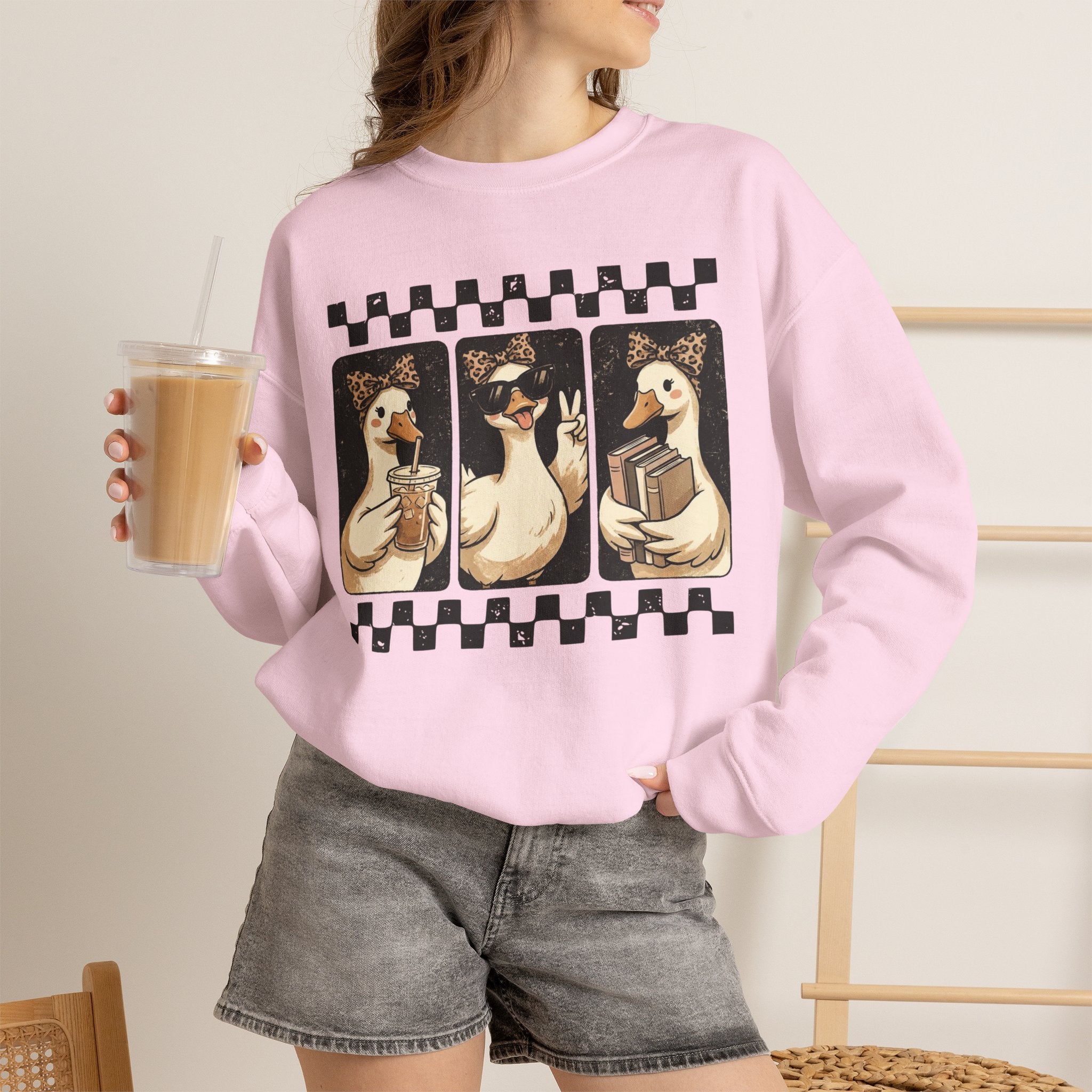 Duck Trio Crewneck Sweatshirt — Vintage Checkered Retro Goose Illustration