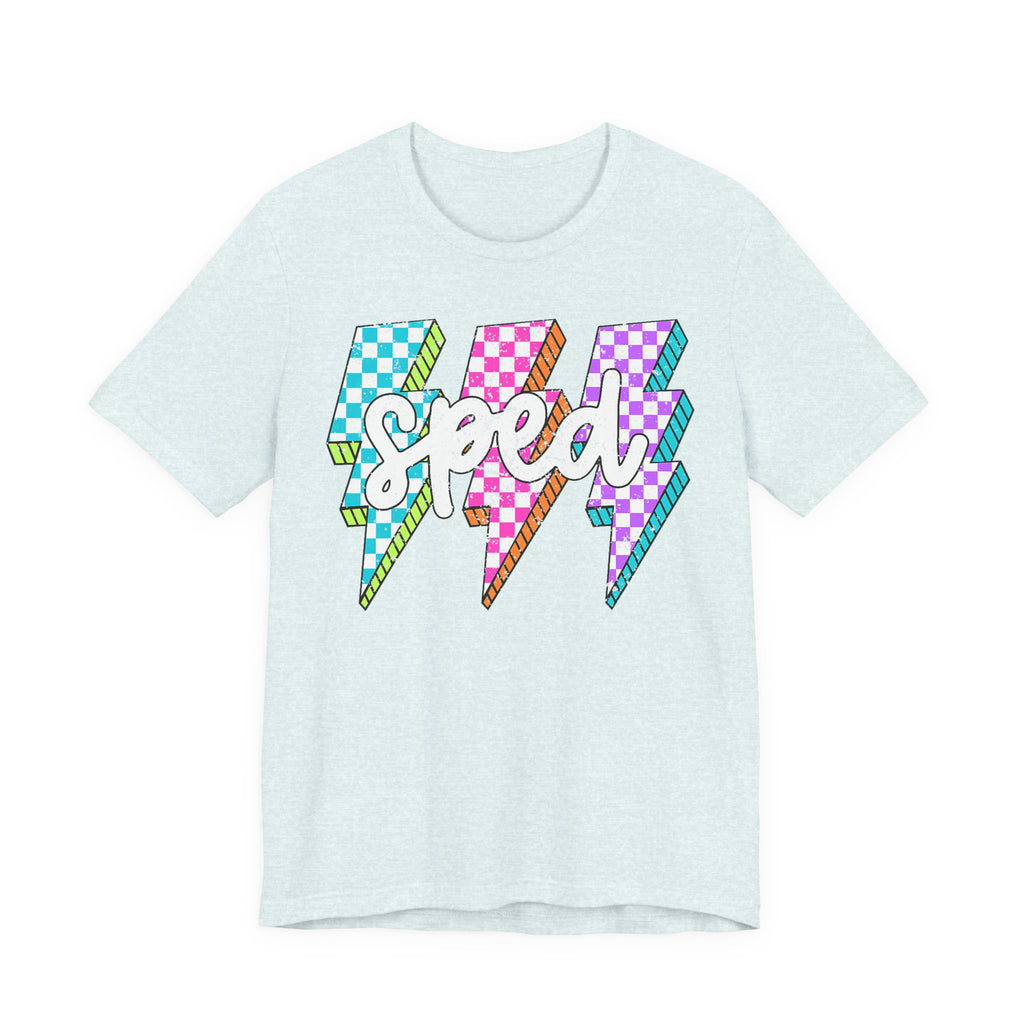 Speed Lightning Tee — Retro Checkerboard Bolt Graphic T-Shirt