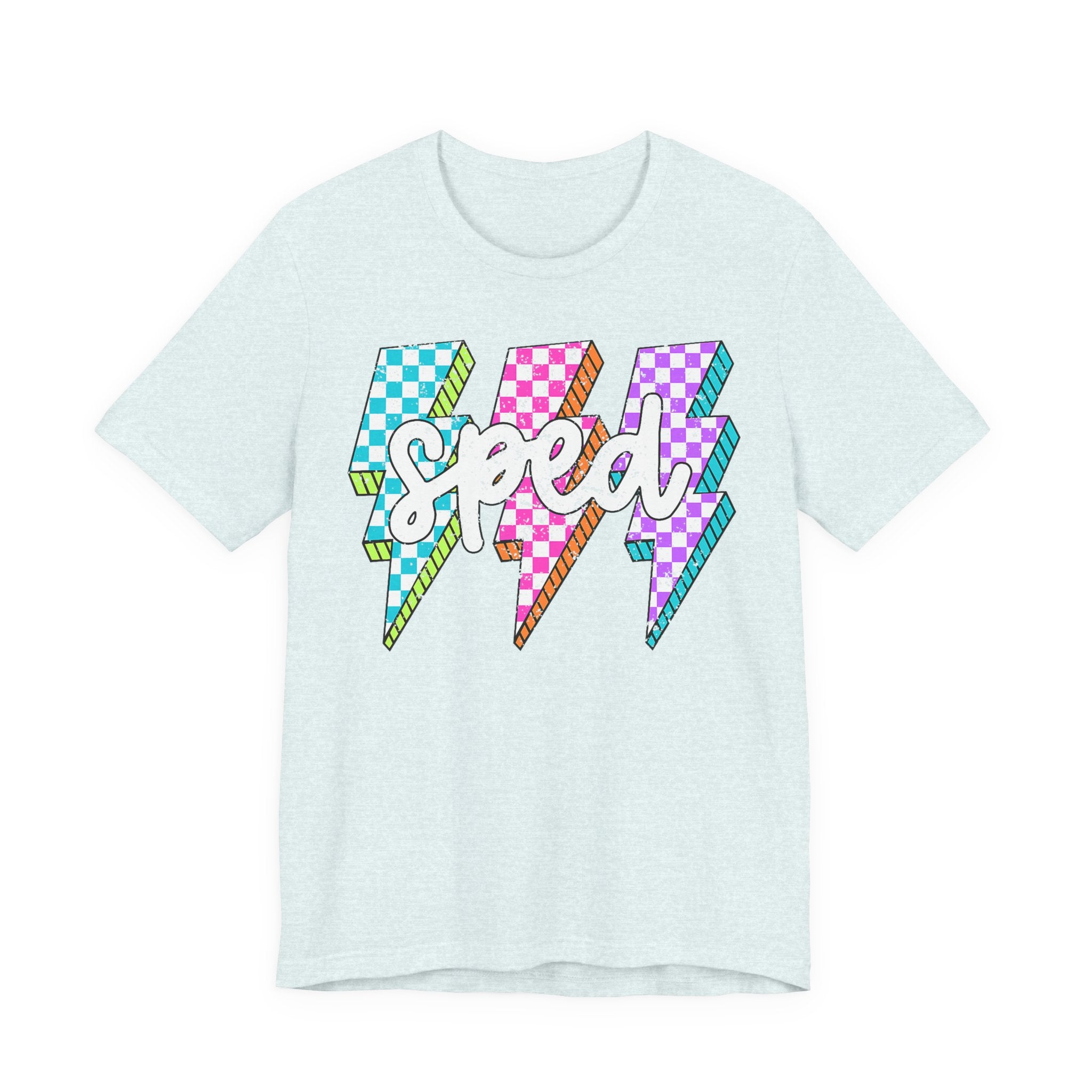 Speed Lightning Tee — Retro Checkerboard Bolt Graphic T-Shirt