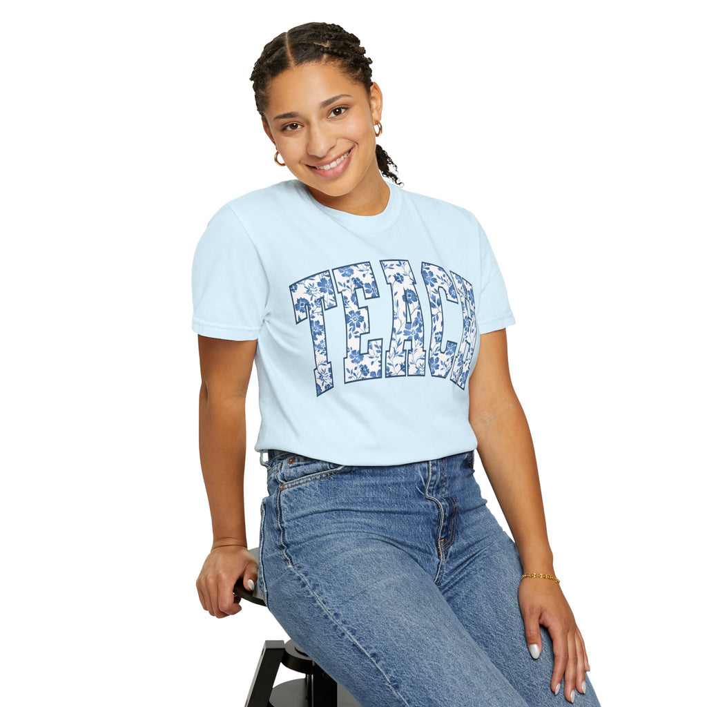 Teacher Floral Arch T-Shirt — 'TEACH' Blue Floral Print Tee