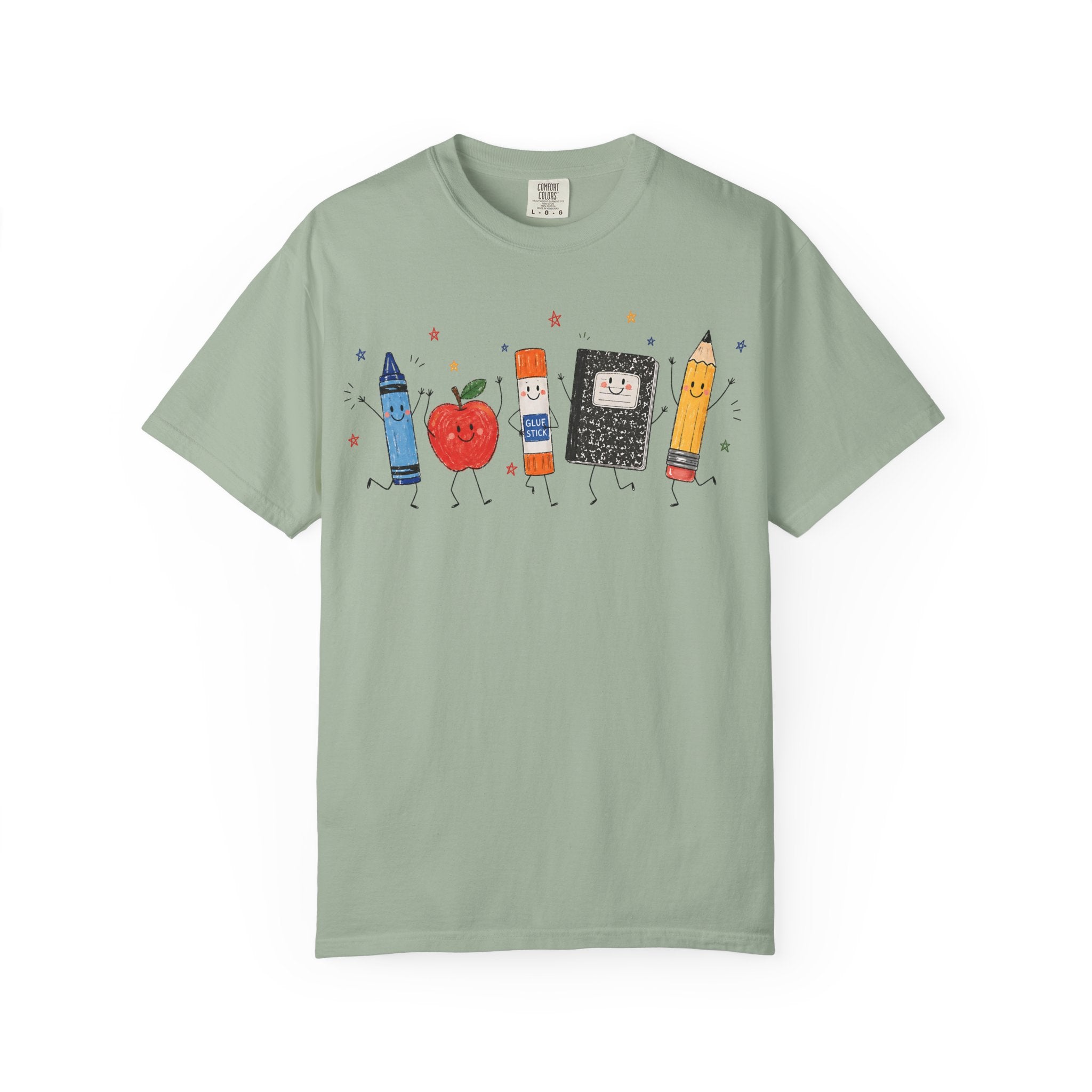 Cute School Supplies Teacher T-Shirt — Happy Apple, Crayon & Pencil Graphic Tee