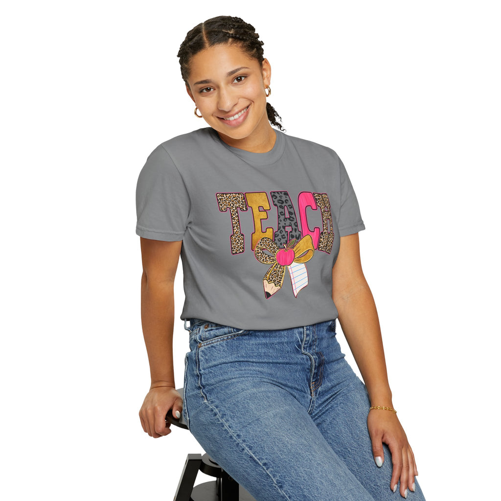 Teacher Graphic Tee — 'TEACH' Leopard Print Pencil Bow Design
