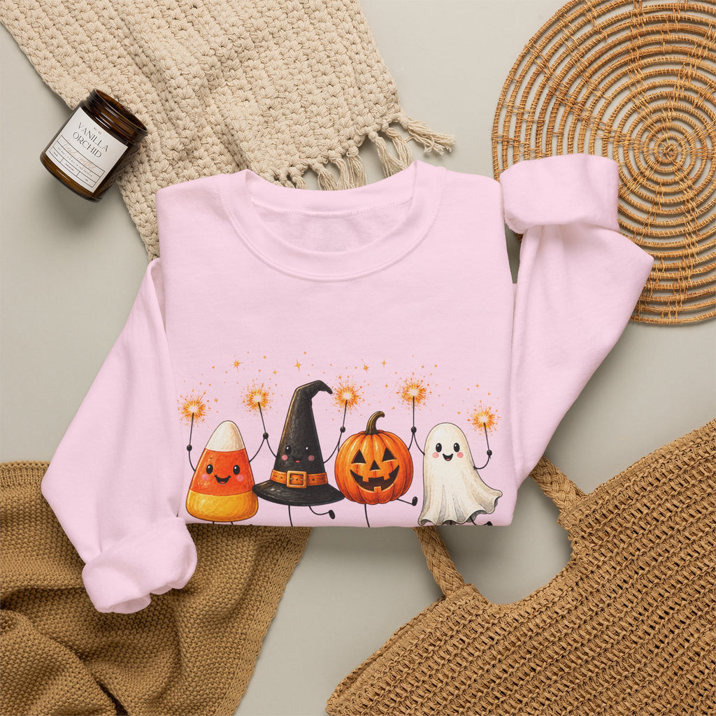 Halloween Friends Crewneck Sweatshirt — Cute Candy Corn, Witch Hat, Jack-o'-Lantern & Ghost Design