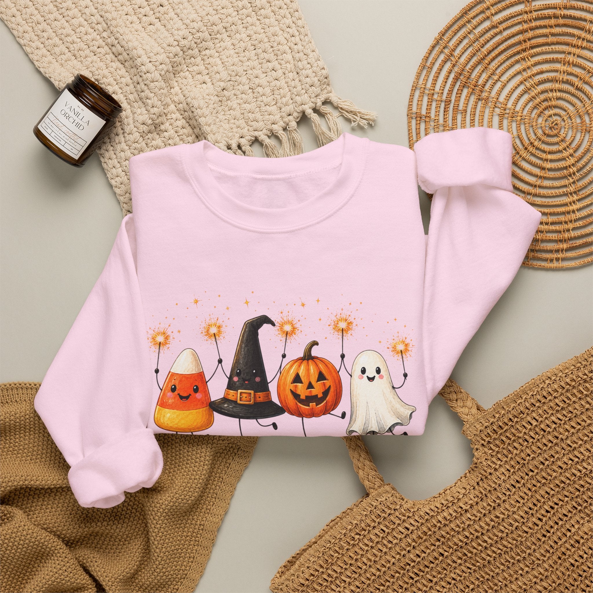 Halloween Friends Crewneck Sweatshirt — Cute Candy Corn, Witch Hat, Jack-o'-Lantern & Ghost Design