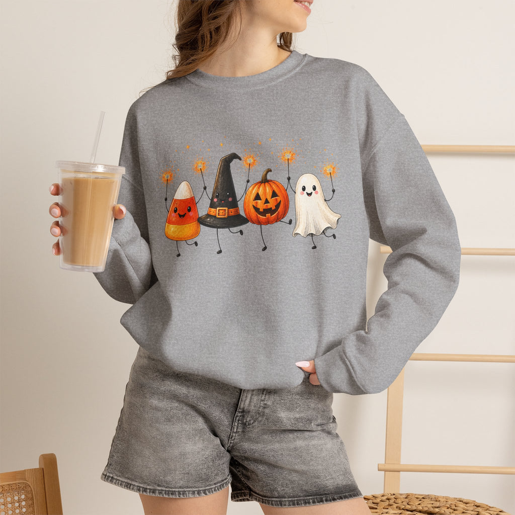Halloween Friends Crewneck Sweatshirt — Cute Candy Corn, Witch Hat, Jack-o'-Lantern & Ghost Design