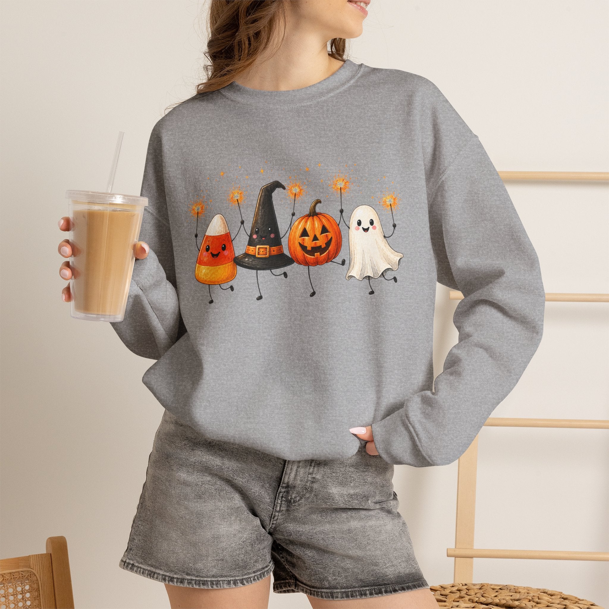 Halloween Friends Crewneck Sweatshirt — Cute Candy Corn, Witch Hat, Jack-o'-Lantern & Ghost Design