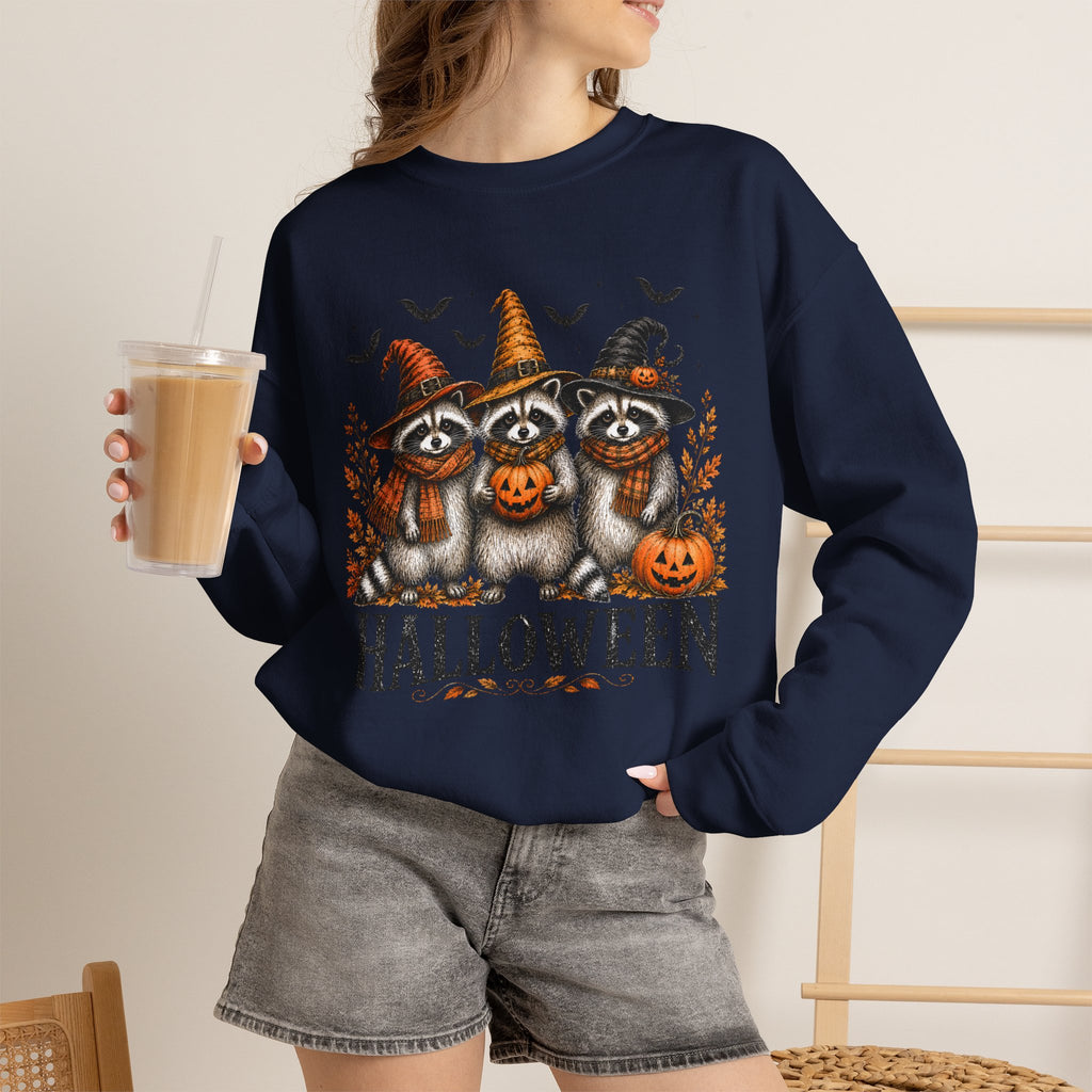 Halloween Raccoon Crewneck Sweatshirt — Cute Witch Hats & Pumpkin Design