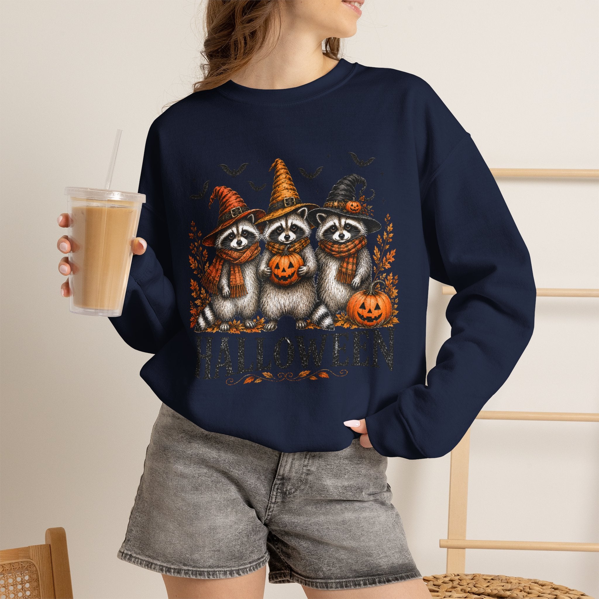 Halloween Raccoon Crewneck Sweatshirt — Cute Witch Hats & Pumpkin Design