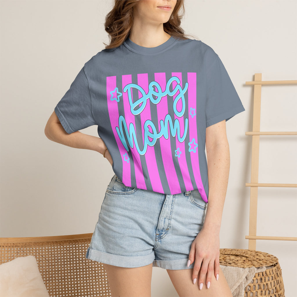 Dog Mom T-Shirt — Pastel Striped Graphic Tee for Pet Lovers