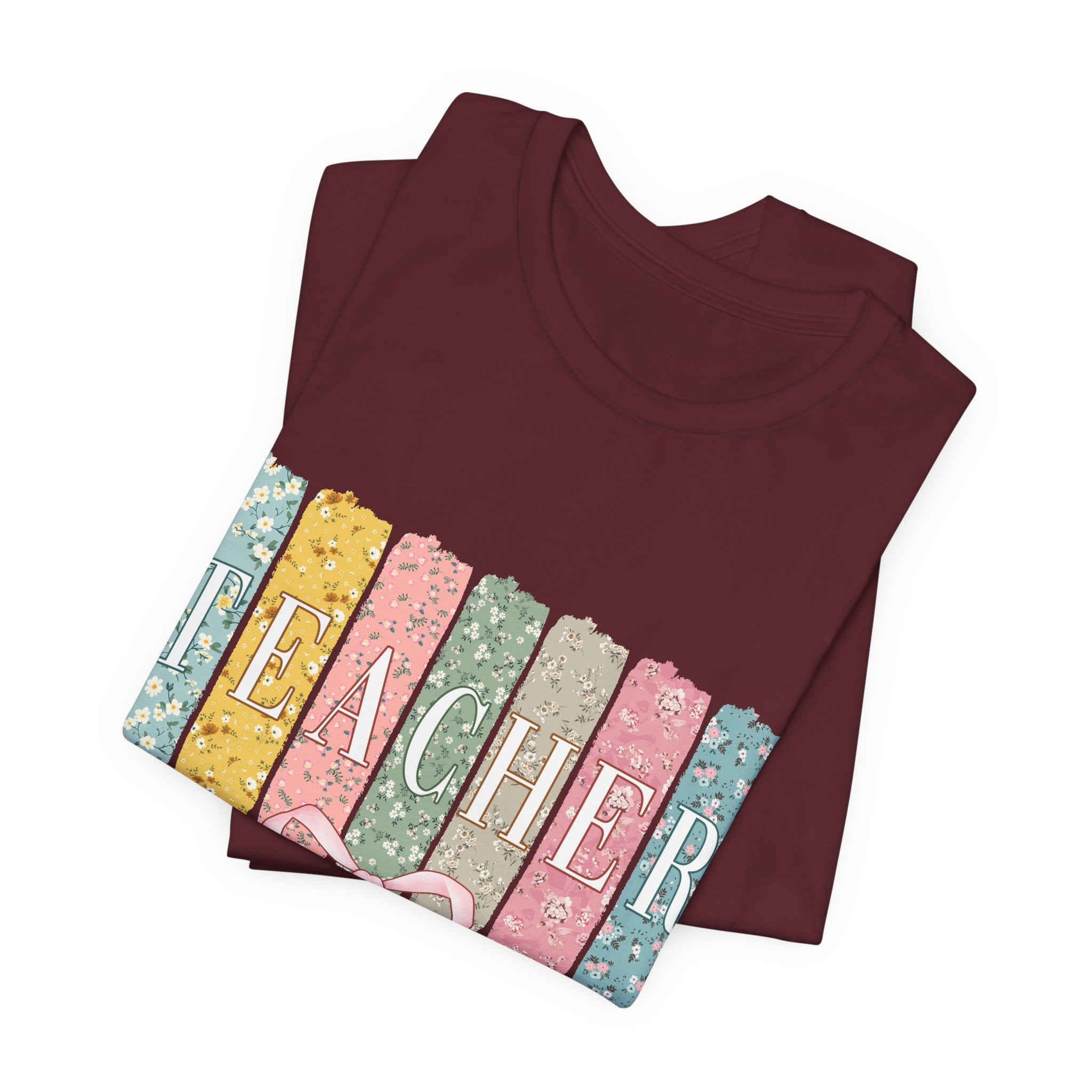 Teacher Floral Stripe T-Shirt - Pastel Ribbon Classroom Gift