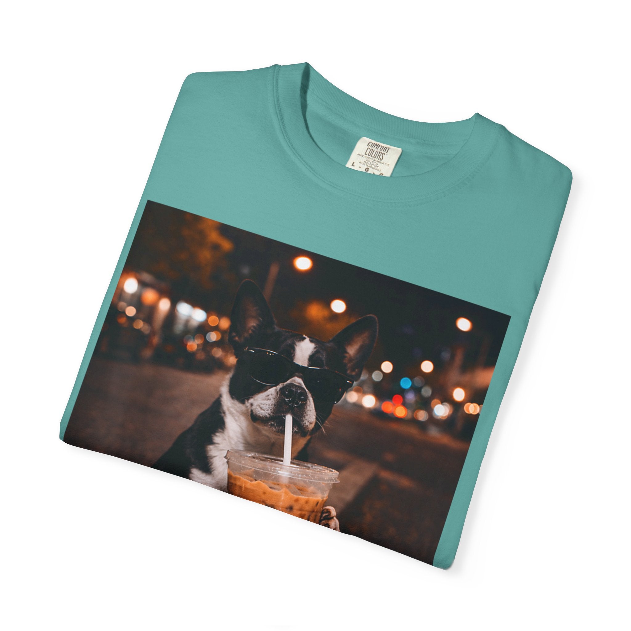 Boston Terrier Sipping Iced Coffee T-Shirt — Cute Dog Photo Tee