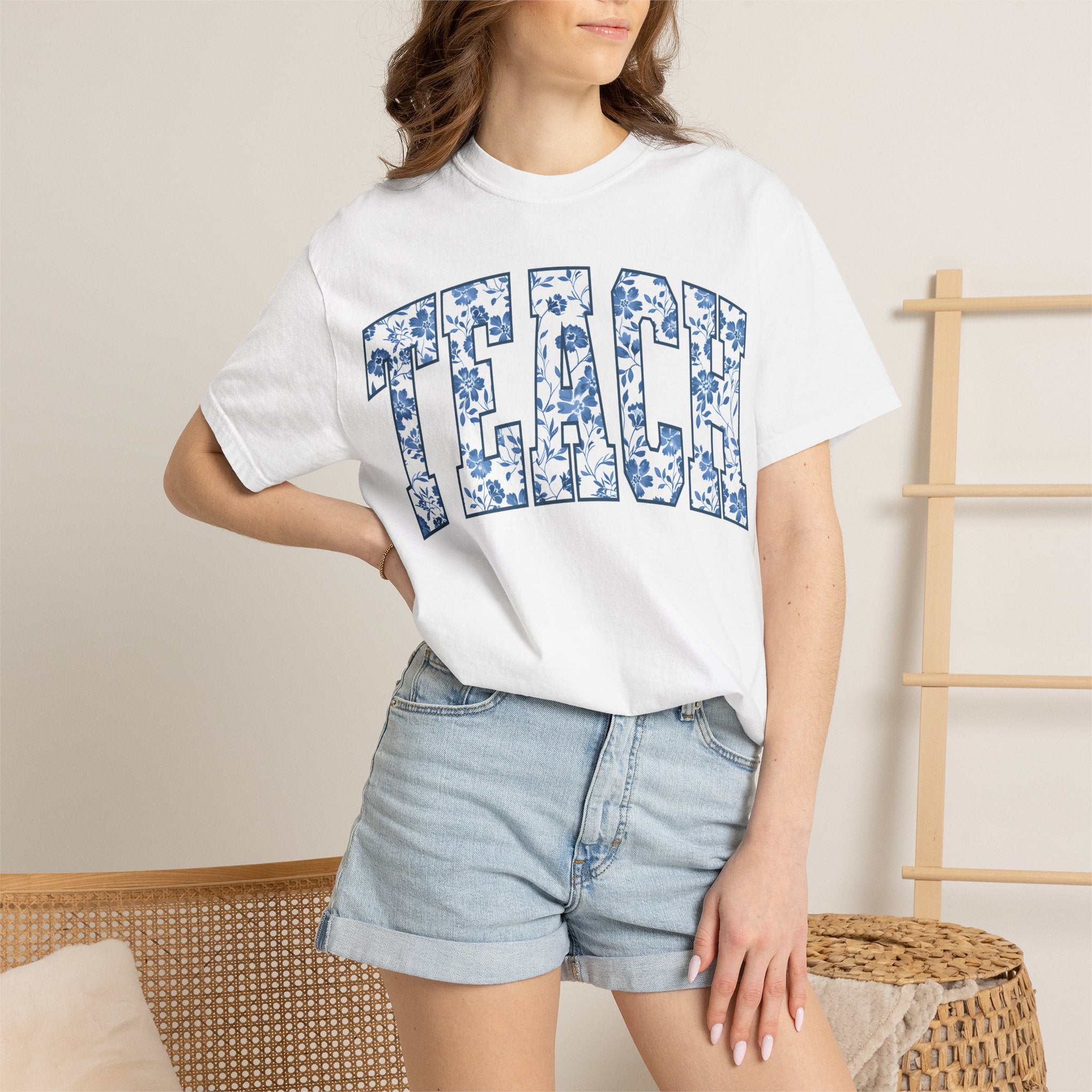 Teacher Floral Arch T-Shirt — 'TEACH' Blue Floral Print Tee