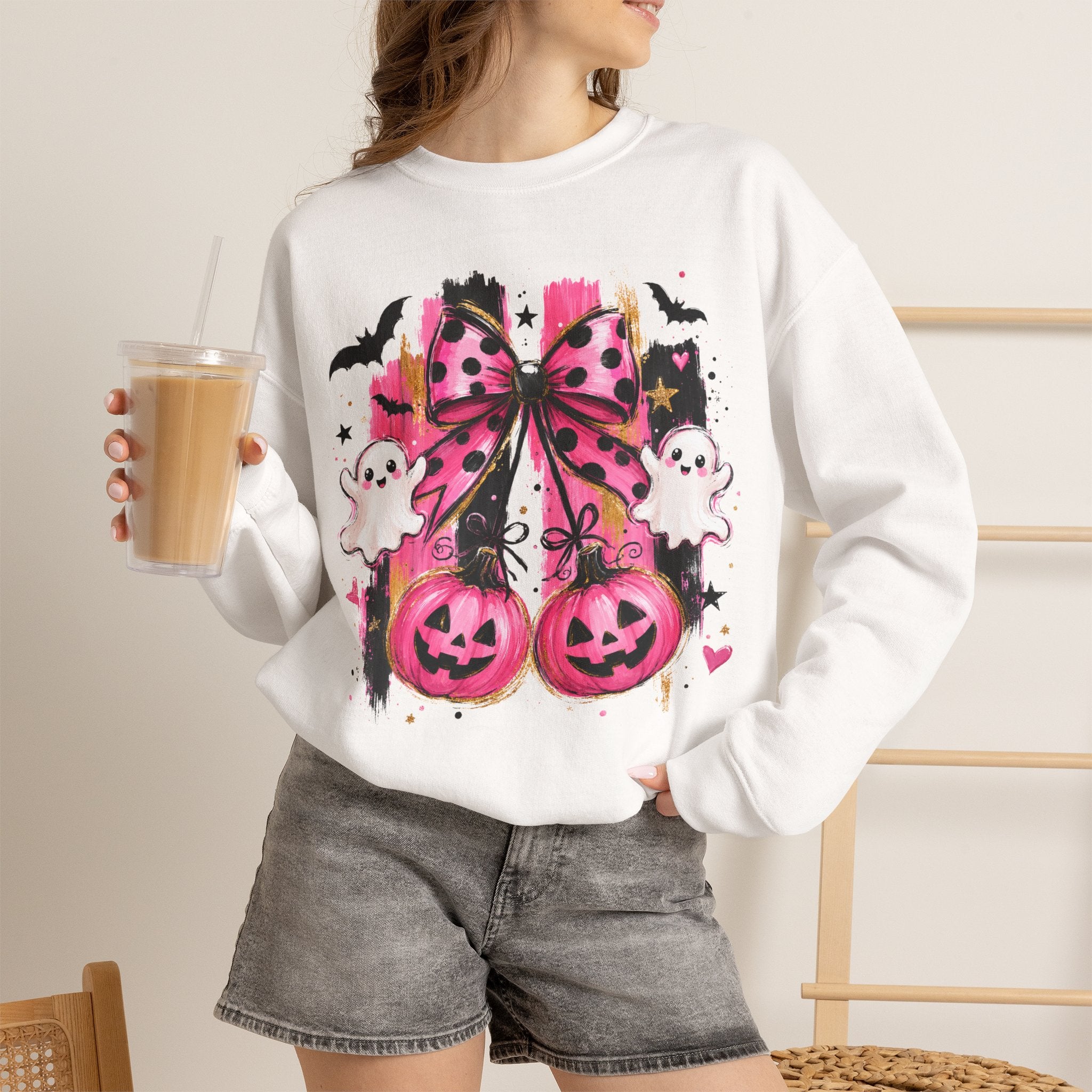 Halloween Pink Pumpkins Crewneck Sweatshirt — Cute Ghosts & Polka Dot Bow Design