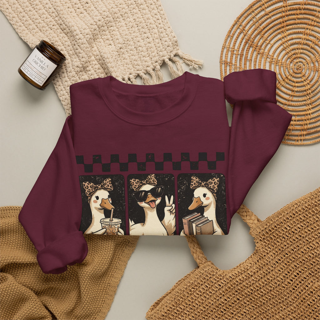 Duck Trio Crewneck Sweatshirt — Vintage Checkered Retro Goose Illustration
