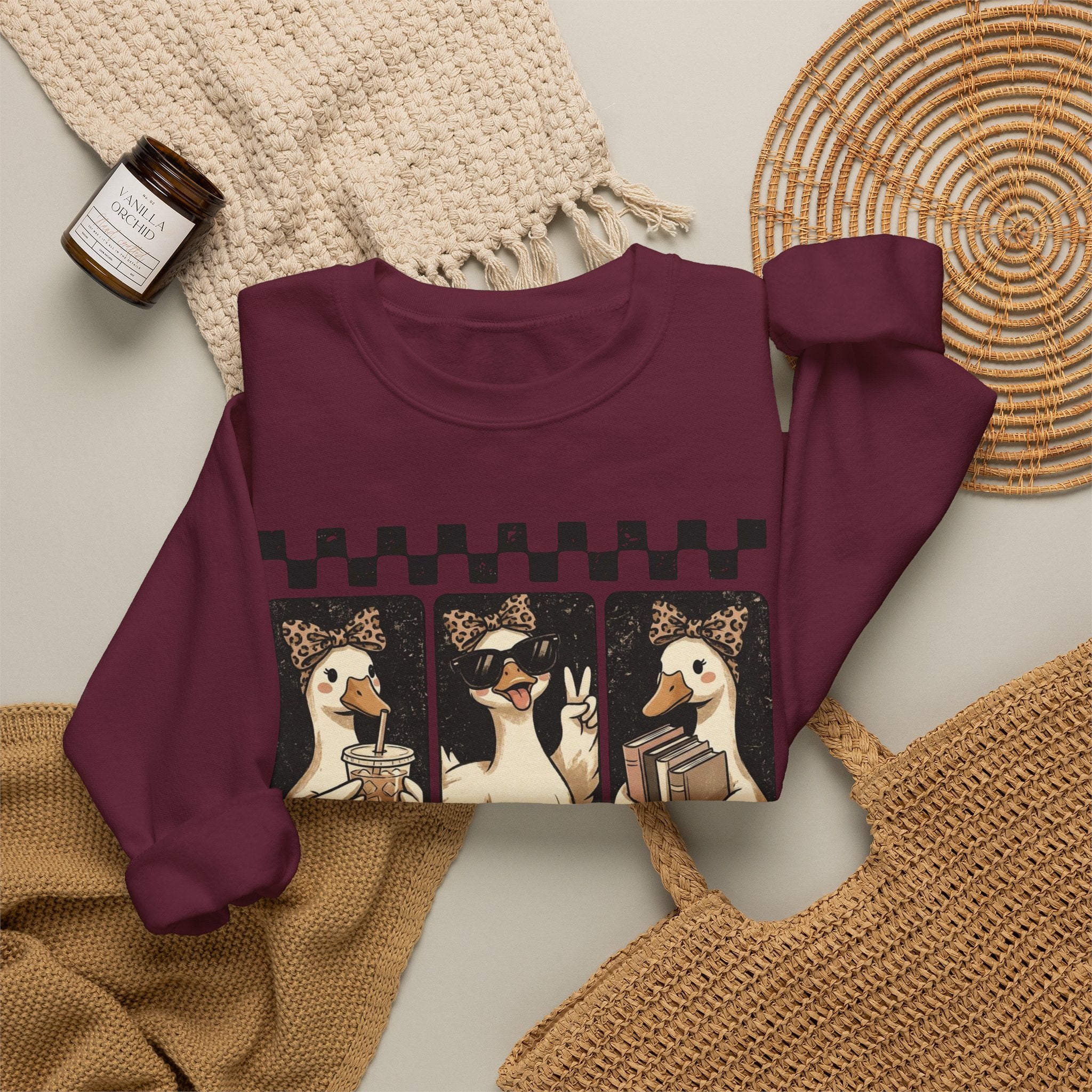 Duck Trio Crewneck Sweatshirt — Vintage Checkered Retro Goose Illustration