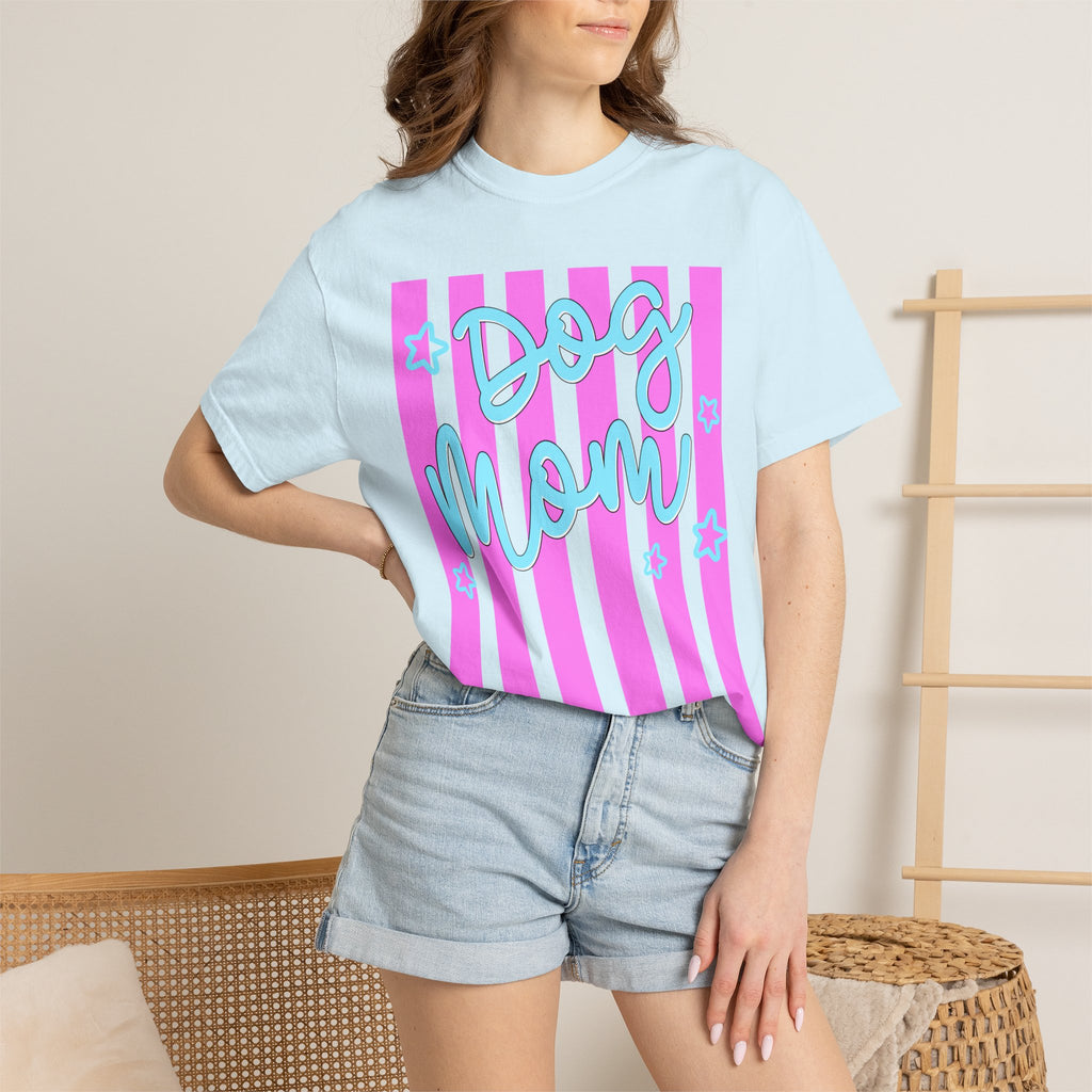 Dog Mom T-Shirt — Pastel Striped Graphic Tee for Pet Lovers