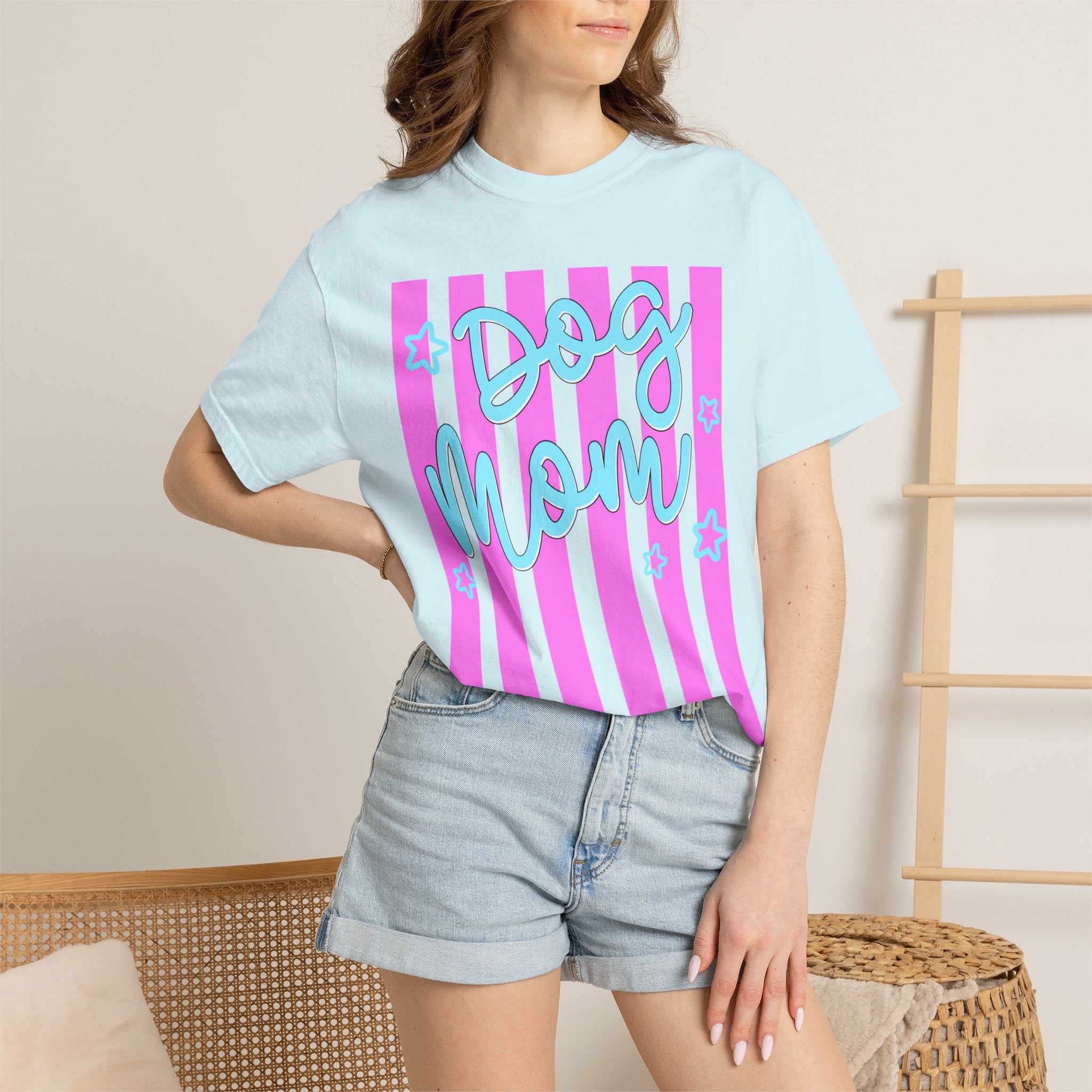 Dog Mom T-Shirt — Pastel Striped Graphic Tee for Pet Lovers