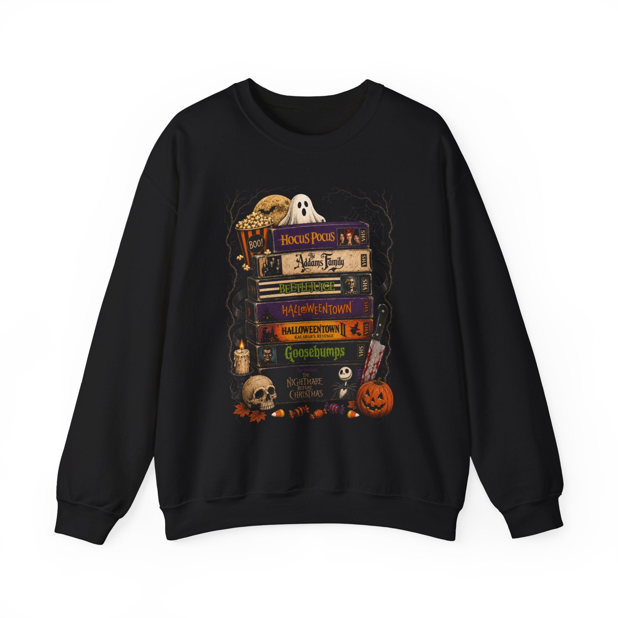 Halloween Book Stack Crewneck Sweatshirt — Spooky Classics Stack with Pumpkin & Skulls