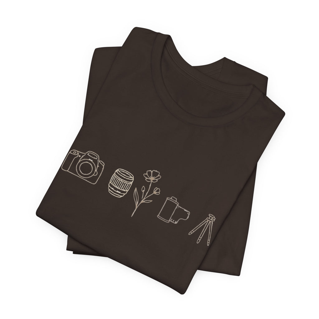 Photography Icons Tee — Minimal Camera, Film, Flower & Tripod Graphic Shirt