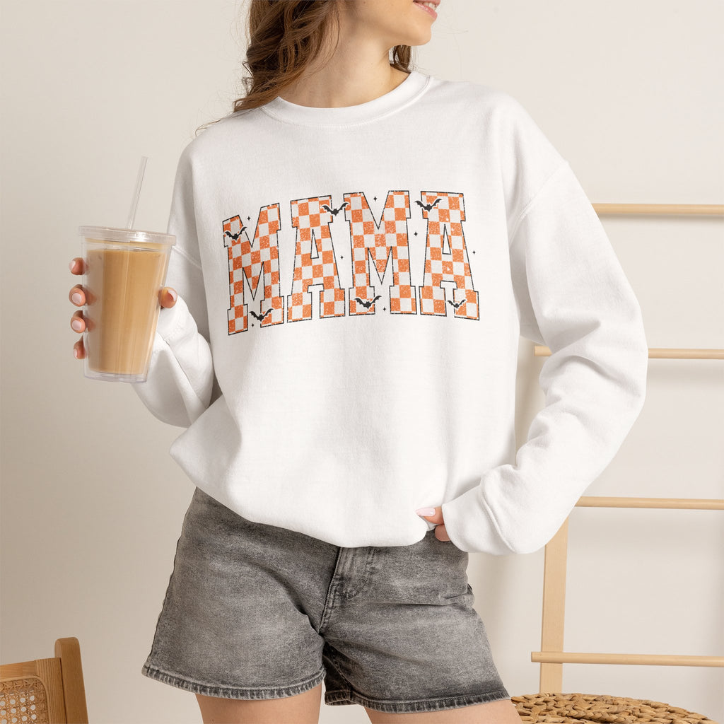 Mama Checkerboard Halloween Sweatshirt – Retro Orange Plaid Mama Pullover