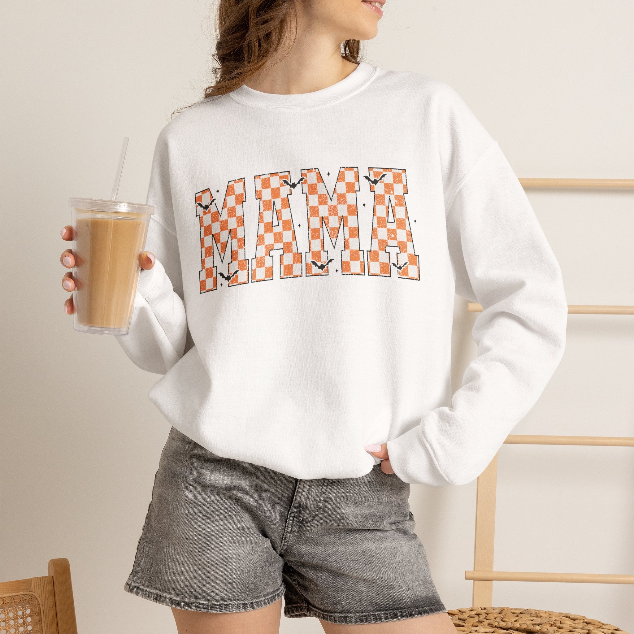 Mama Checkerboard Halloween Sweatshirt – Retro Orange Plaid Mama Pullover