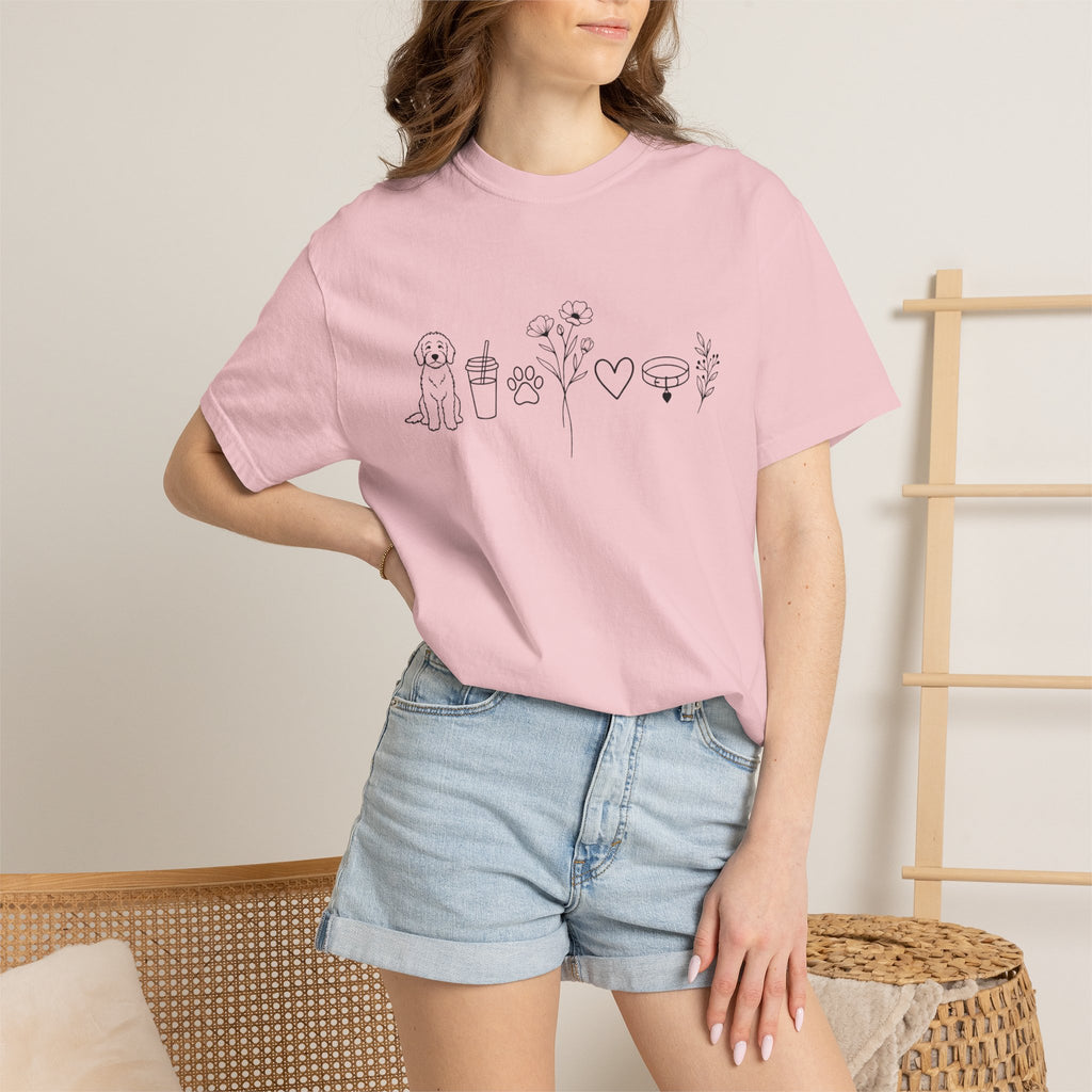 Minimal Doodle and Floral Icons T-Shirt — Coffee, Plants & Dog Line Art Tee