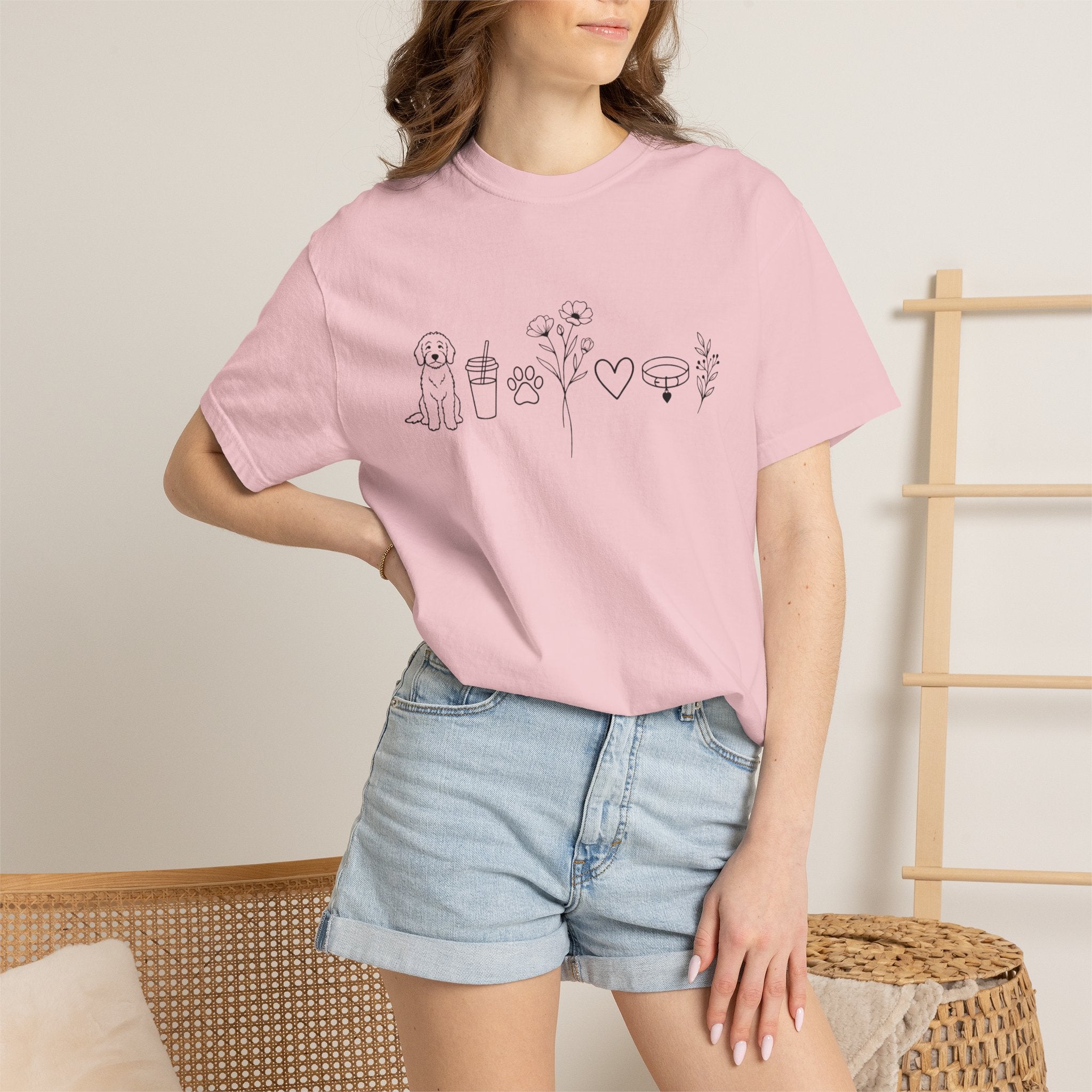 Minimal Doodle and Floral Icons T-Shirt — Coffee, Plants & Dog Line Art Tee