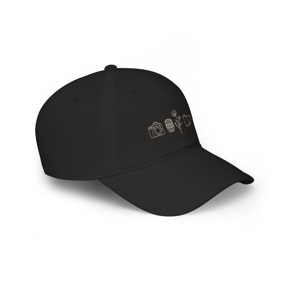 Photographer Icons Low Profile Baseball Cap — Camera, Lens, Tripod Design