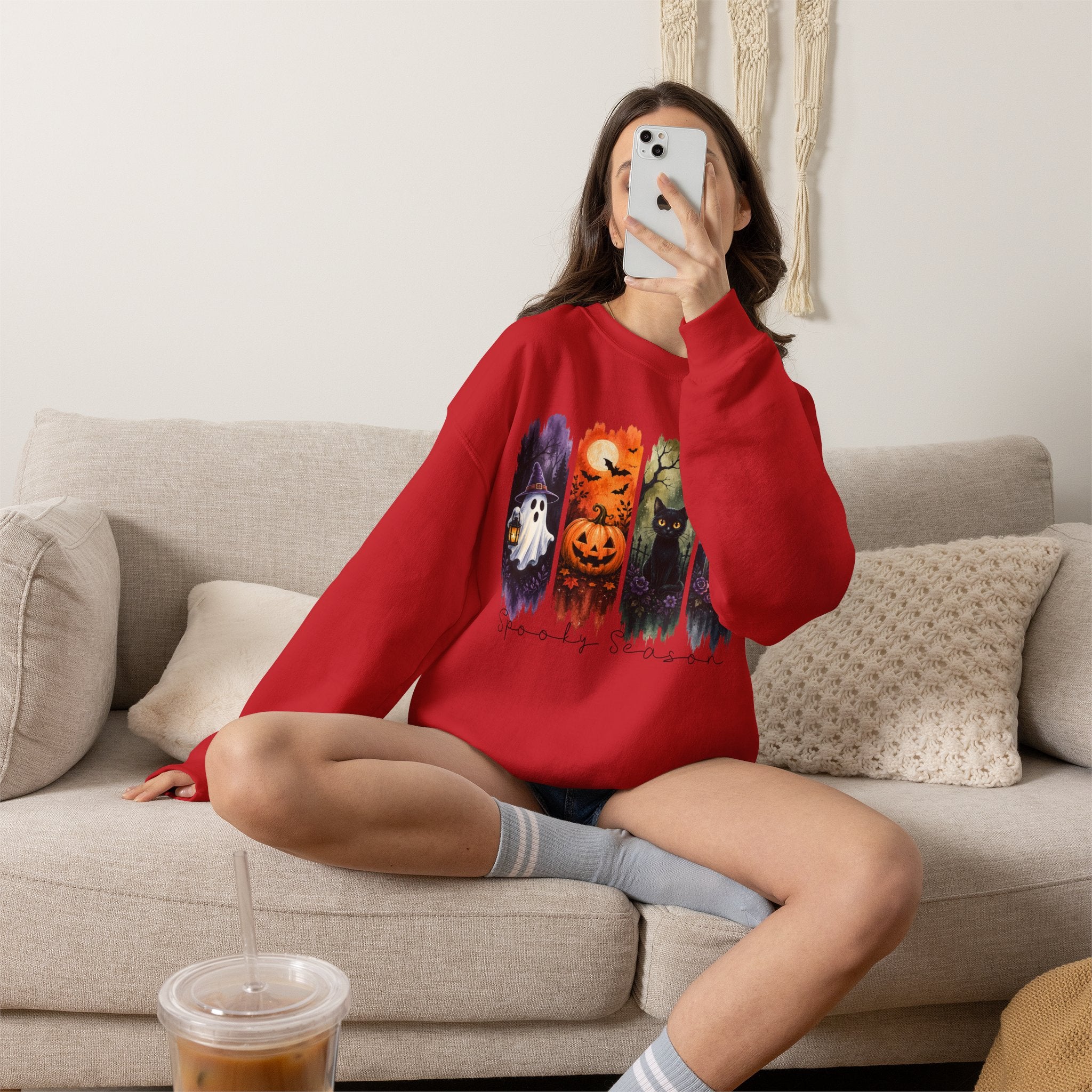 Halloween Seasons Crewneck Sweatshirt — Spooky Ghost, Jack-o'-Lantern & Haunted Night Design