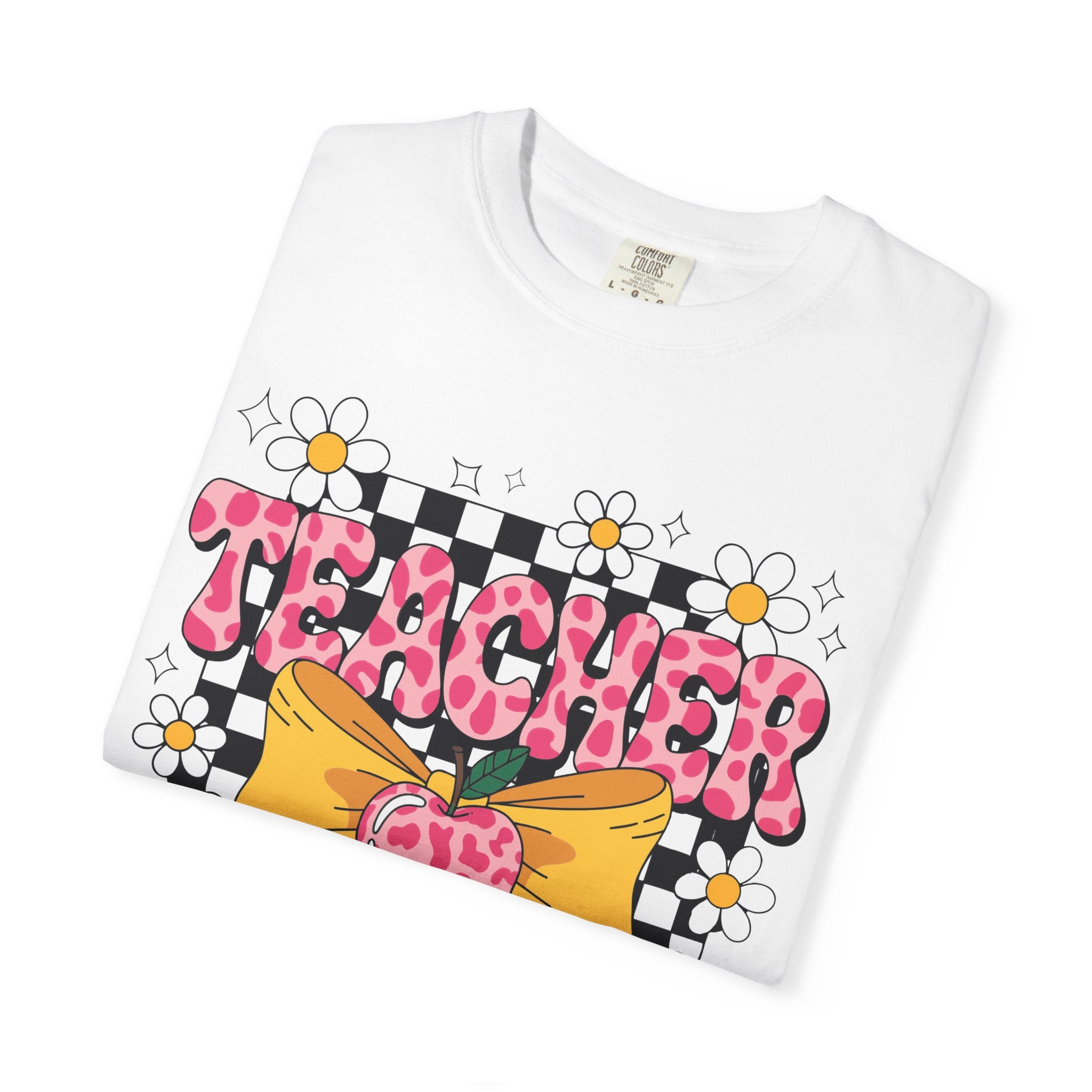 Teacher Floral Bow T‑Shirt — Cute Checkerboard & Heart Design for Educators