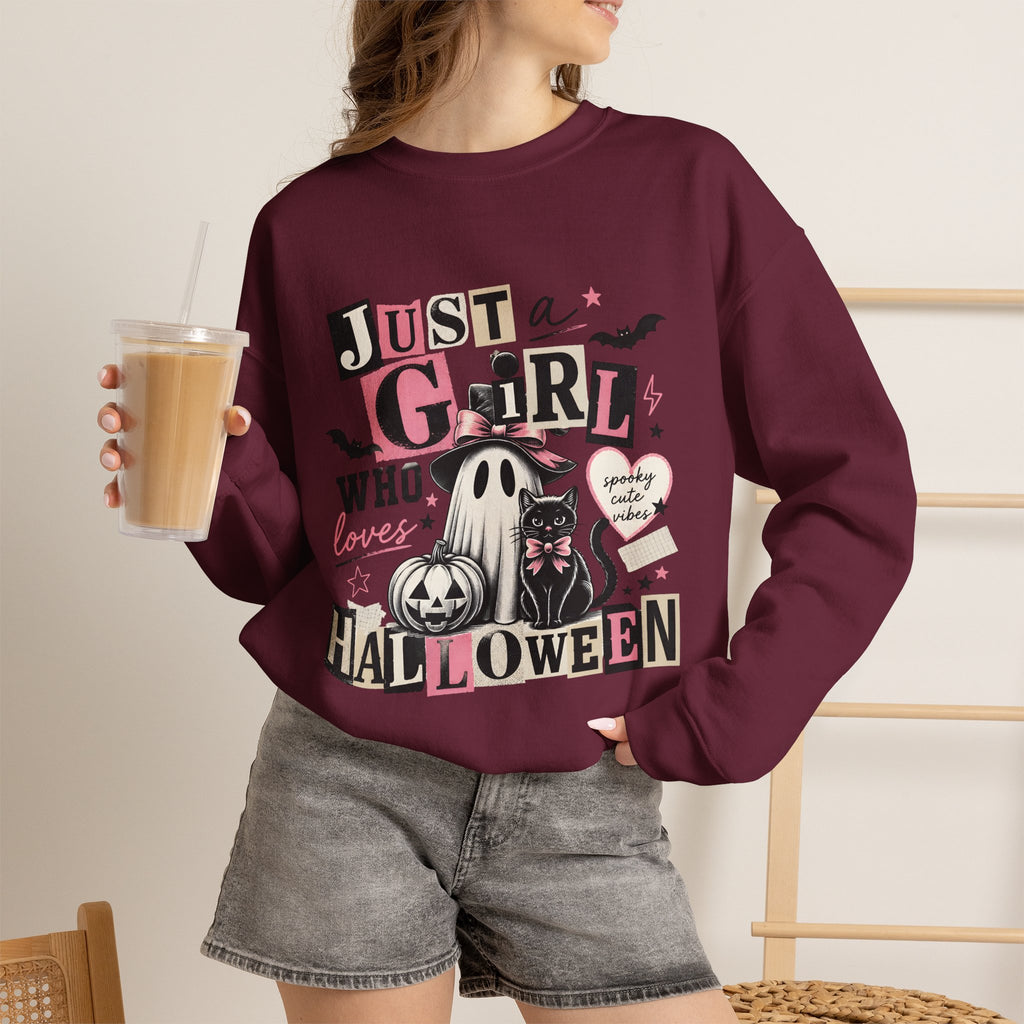 Halloween Sweatshirt — "Just a Girl Who Loves Halloween" Cute Ghost & Pumpkin Crewneck