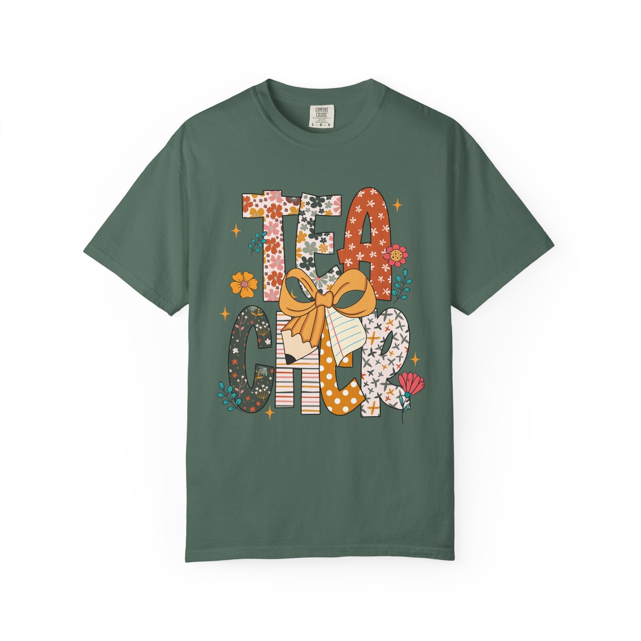 Teacher Graphic T-Shirt — Floral "Teacher" Design with Ribbon