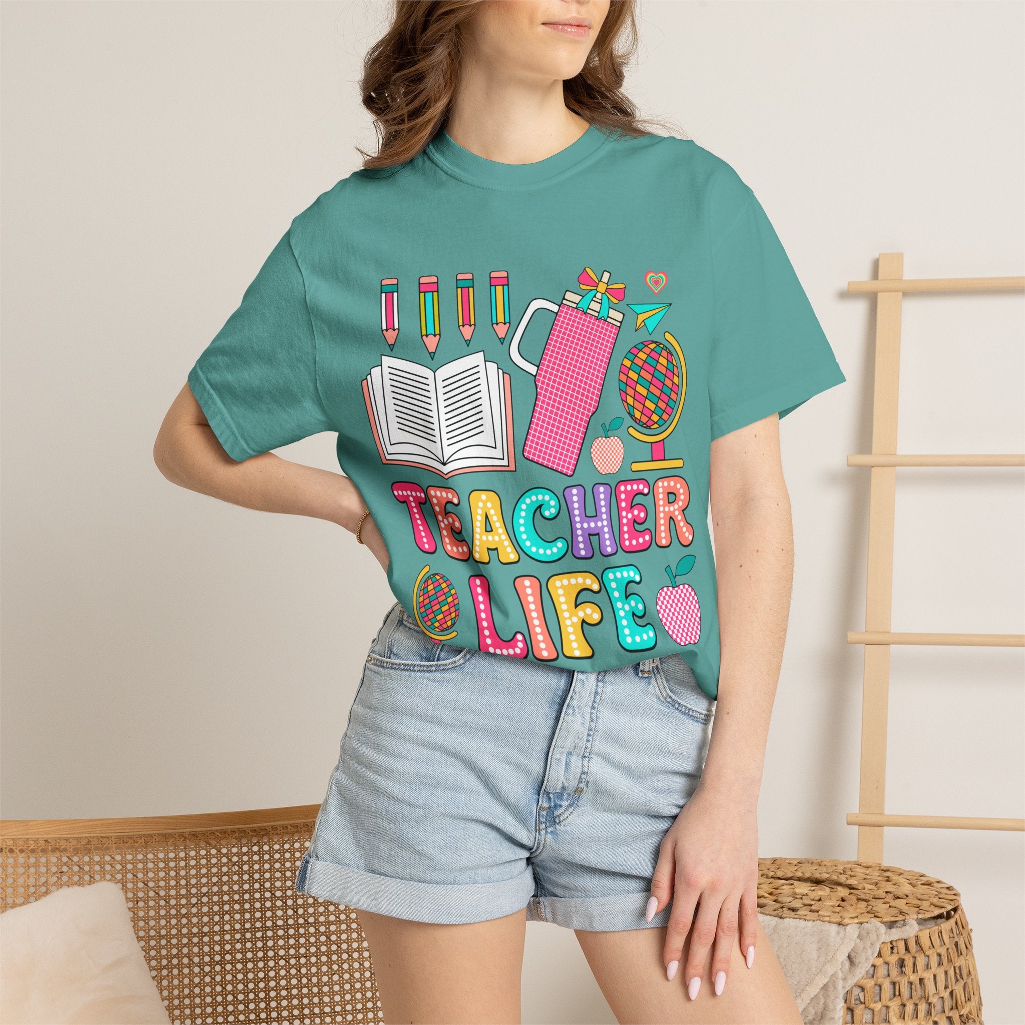 Teacher Life T-Shirt — Colorful School Supplies Graphic Tee